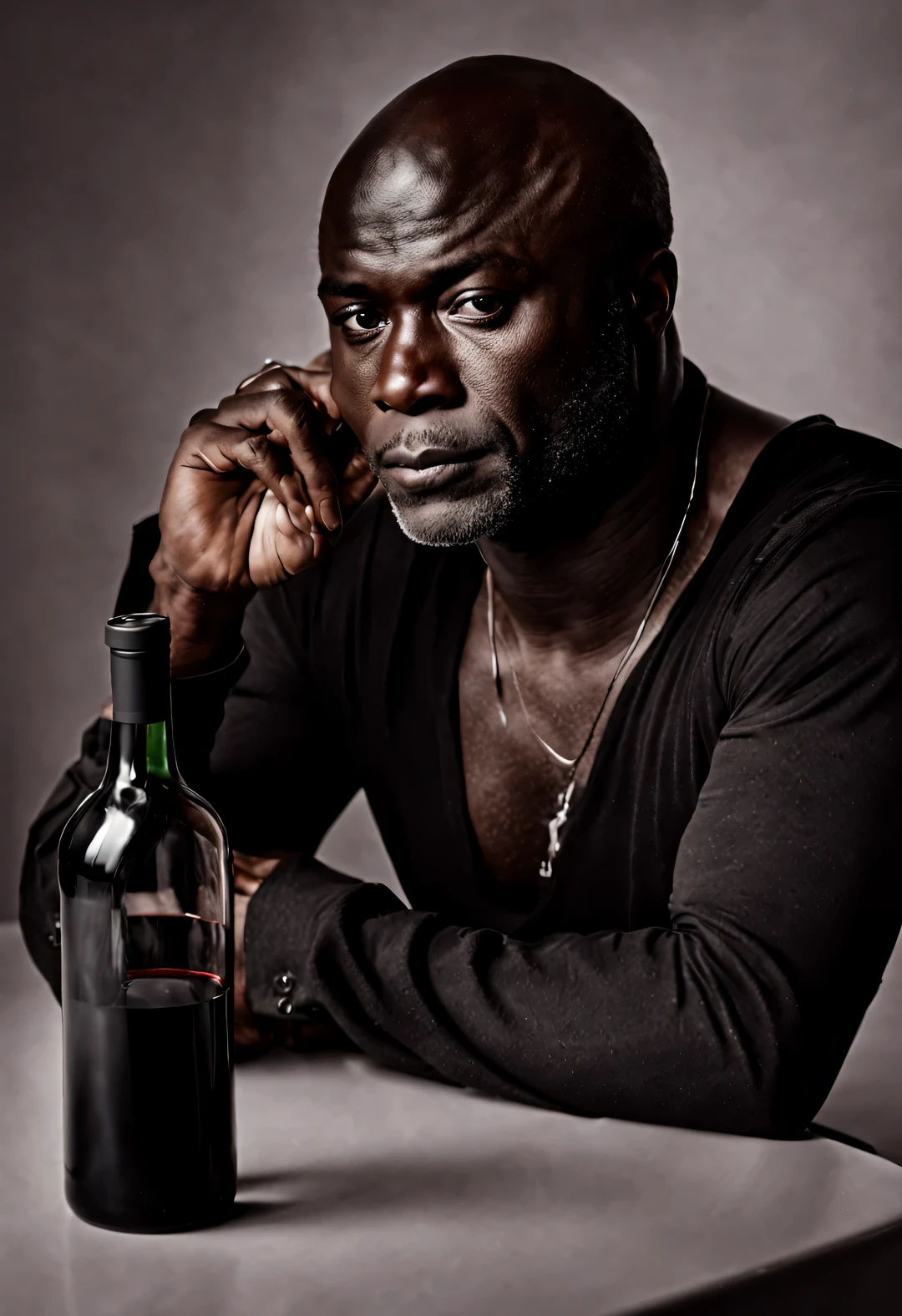 Portrait of British male singer Hale Henry Samuel, background:Half bottle of red wine and glass, Photography by Irving Penn, close up, sad, pain, fatigue, naked minimalism, black and white, magnificent, Elasticity, Award-winning photography,