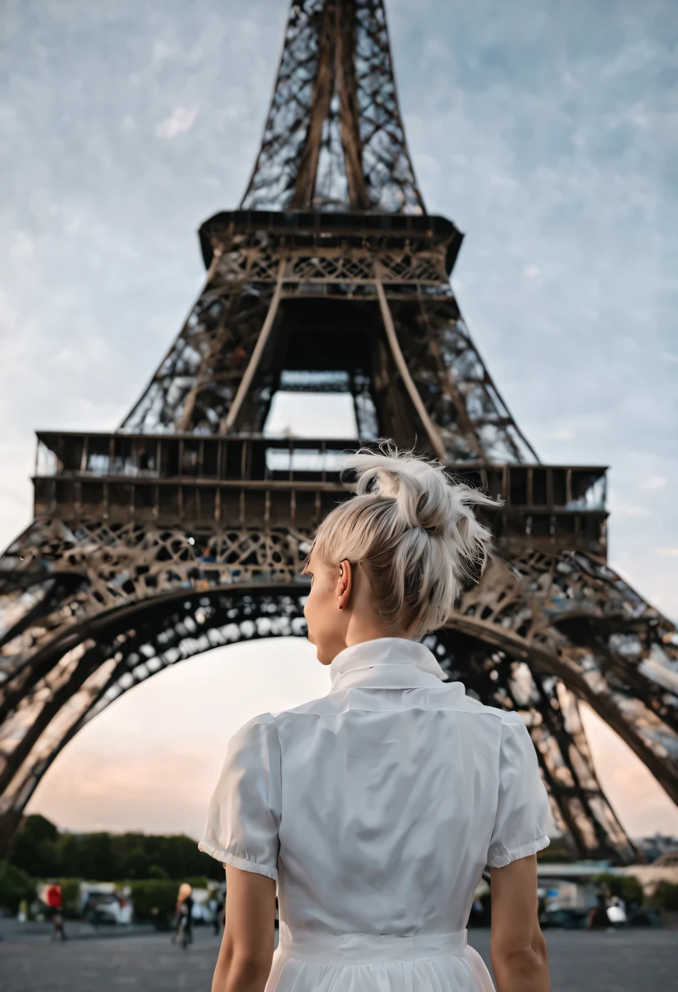 man with a messy bun in front of the eiffel tower, portrait sophie mudd, eva elfie, french man, her hair is white, anna nikonova aka newmilky, style of julia razumova, dasha taran, girl silver ponytail hair, man with white hair, bella poarch, aleksandra waliszewska