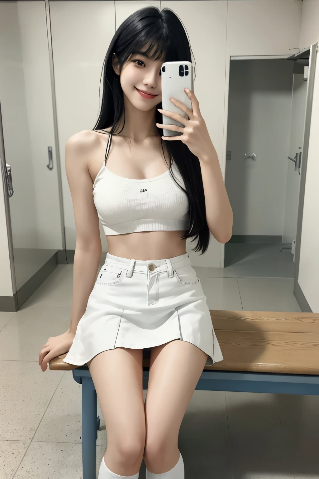 table top, highest quality, super detailed, finely, High resolution, 8k wallpaper, perfect dynamic composition, Japan women in their 20s,beautiful and fine eyes, White tube top,dark blue denim miniskirt,White Short Socks,white sneakers,semi-long straight hair、black hair、With bangs、Moderately large breasts, natural color lip、smile、in the women's locker room、locker in the background、doing physical education sitting on the bench、20 year old girl、cute、Taking a selfie with the smartphone in the left hand,exposed thighs、legs slightly apart、White underwear is visible