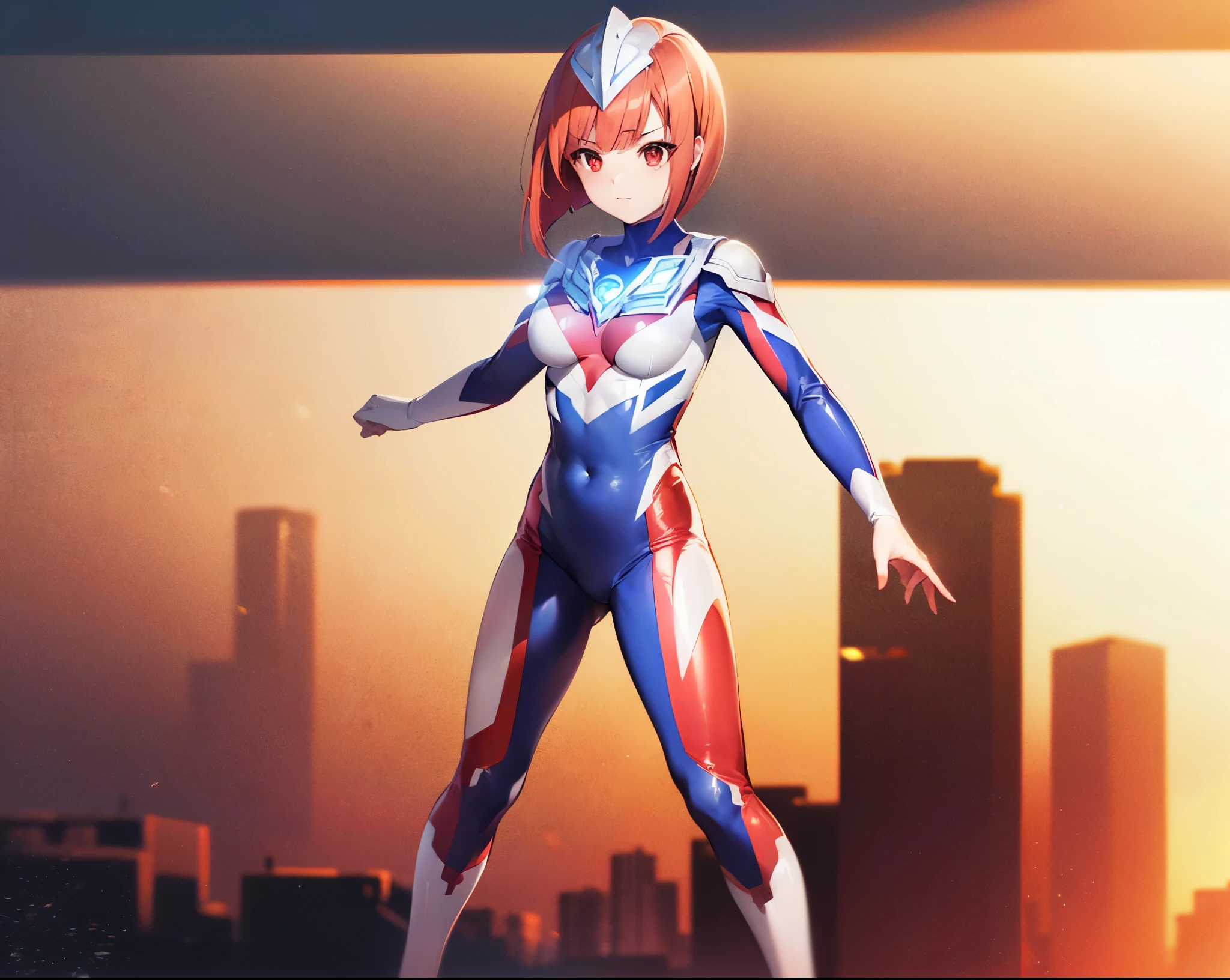 highest quality, ultra detail, High quality CG drawing, The most delicate and beautiful, Floating gently, High resolution, (1 girl), (Highest image quality,4K,8K,masterpiece:1.2),(bright red hair:1.5),(short bob:1.5),(red eyes:1.5), (Ultra Girl :1.0), (silver and red ultraman bodysuit:1.4),slightly bigger breasts,Good abs,Good looking pose