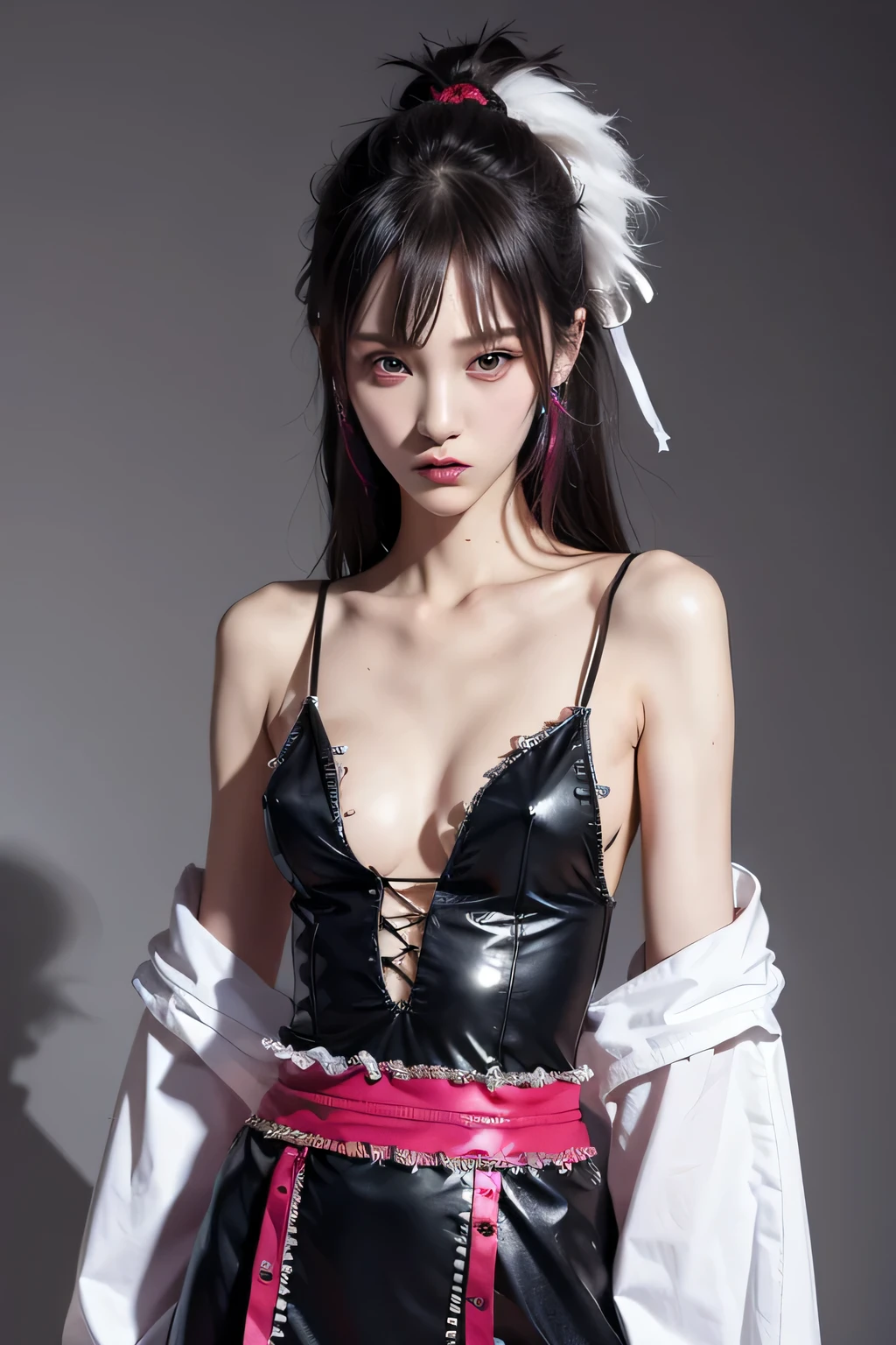 8k、High resolution、punk fashion、beautiful girl、slender body、young、colorful costumes、white skin、piercing on face,narrow eyes