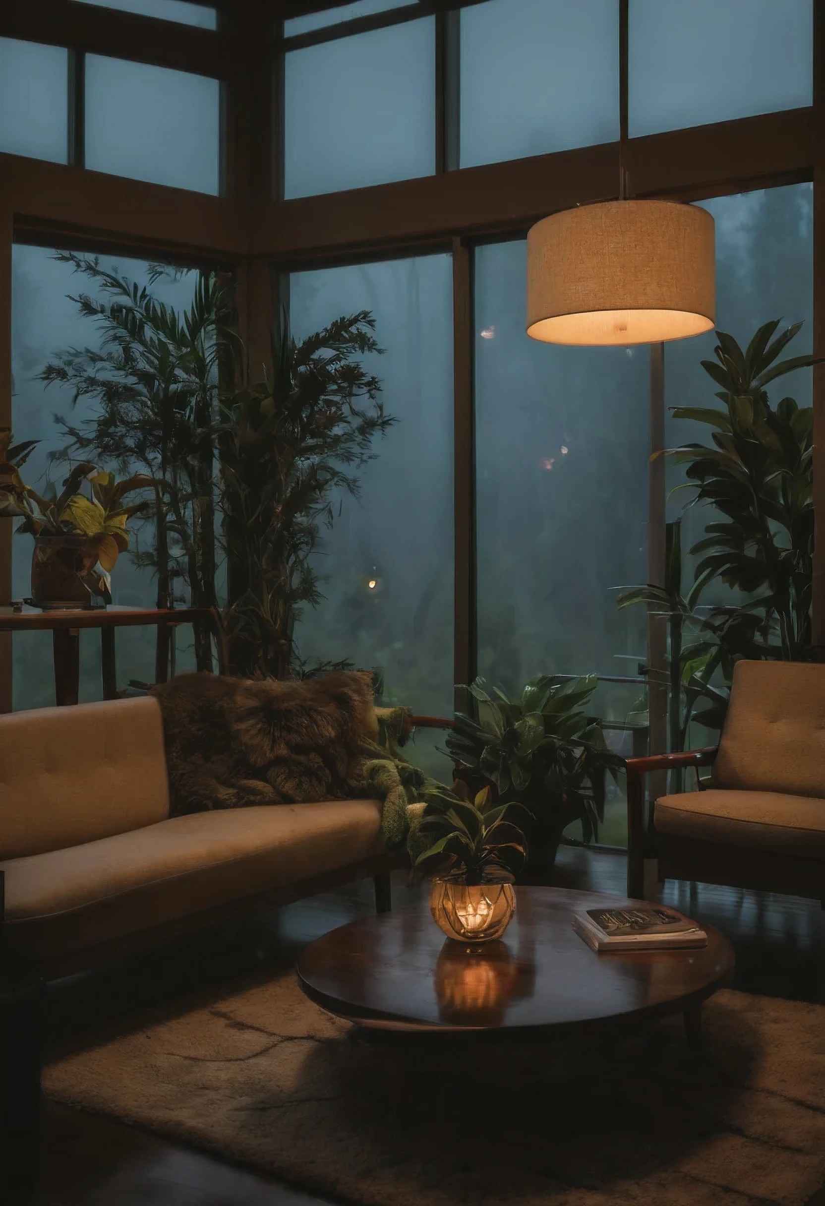 The modern living room of the Middle Ages is dimly lit,There were dark rainy nights outside, (Foggy and rainy nights:1.2), Pacific Northwest, (Dim lighting:1.4), (Moody lighting:1.2), A plant, Large plants, Rainy, Monstera, Many plants, (Foggy windows:1.2), Masterpiece, Best quality, Twilight Hour, (during night:1.4), rainy evening, After sunset,