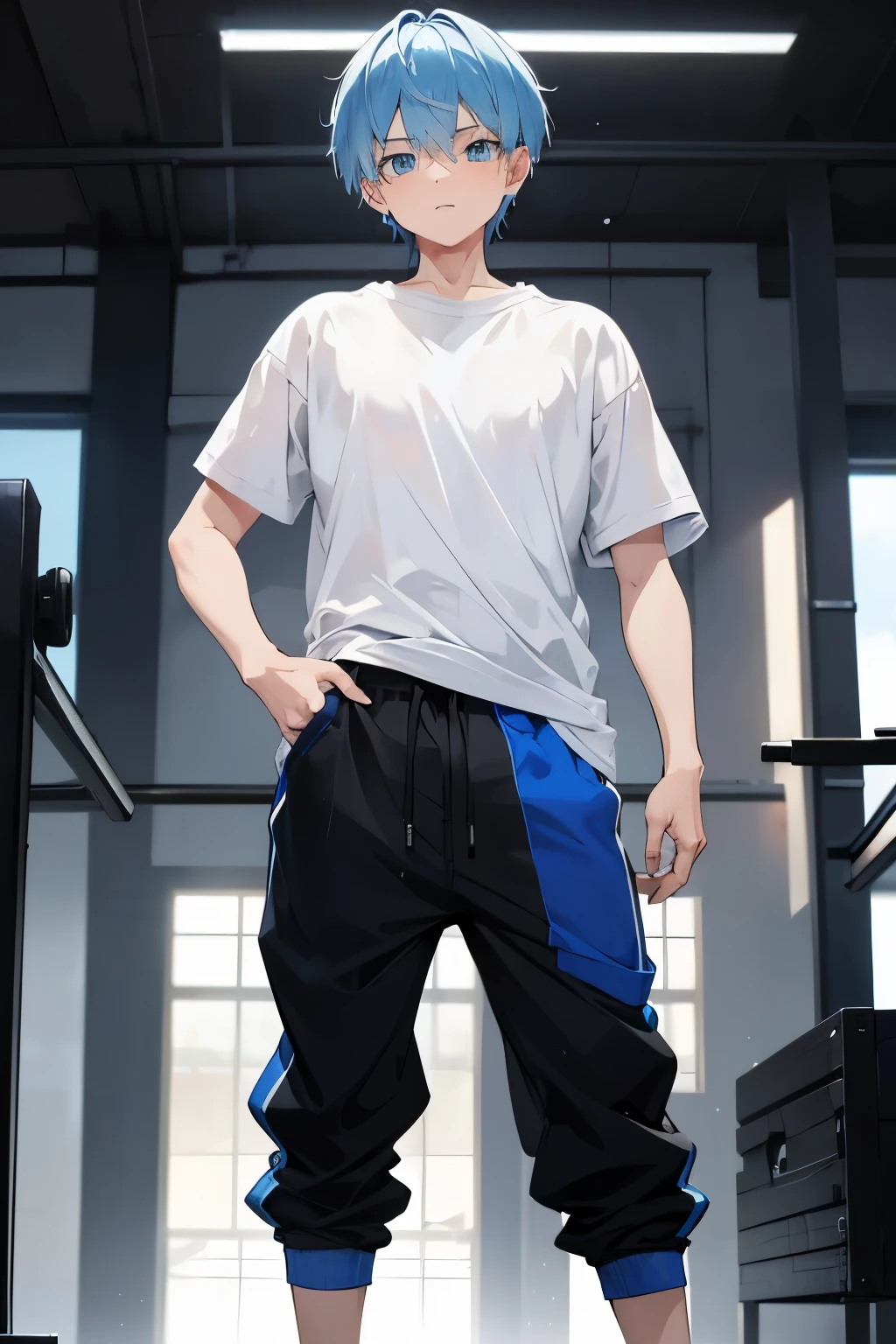 1boy, short light blue hair, blue eyes, wearing black joggers and a white baggy t-shirt, background is a gym, absurdres, high res, ultrasharp, 8K, masterpiece, looking at viewer, he is confident, workout very hard, exercise