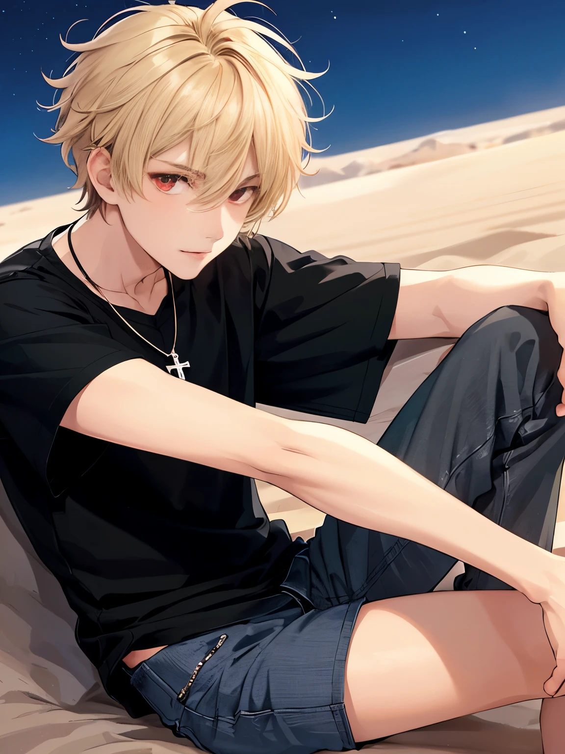 1 boy,solo,18 years old,Sitting in the desert, night,Facing sideways, Clear face, HD face, perfect face, ultra detailed face,camera angle from the side,close up photo,handsome,cross necklace,messy hair, short hair, blonde hair, black t-shirt, black trousers,red eyes,vampire