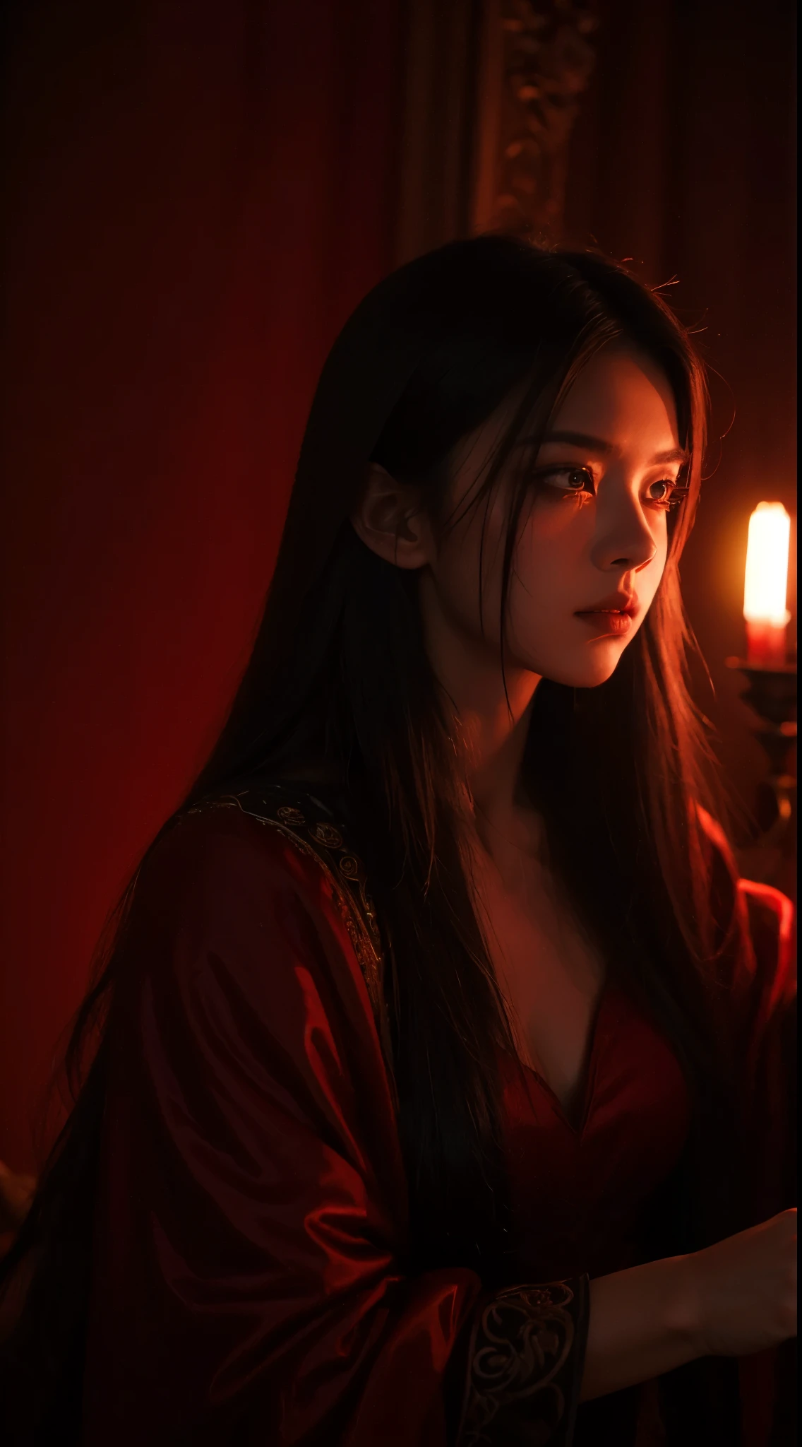 ((masterpiece)), ((best quality)), ((detailed)), ((Phenomenal)), (Intricate), ((Meticulous)), Crimson Sorceress, Blood Magic, Crimson, Photo, Cinematic lighting, Mood lighting, Evocative lighting, Dramatic lighting, Low-light photography