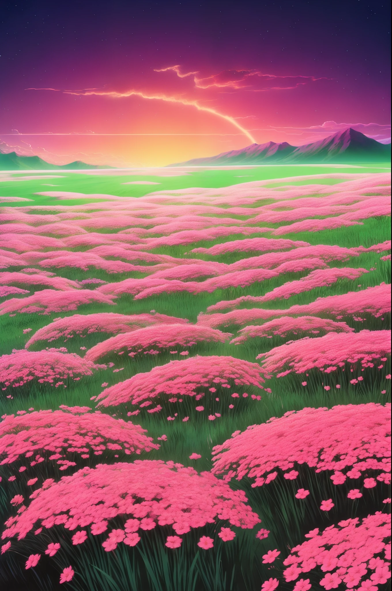 there are many pink flowers that are growing in the grass, glowing flowers, field of flowers at night, by Bruce Munro, surreal waiizi flowers, luminous flowers, rose pink lighting, soft bloom lighting, beautiful lit, field of pink flowers, lights with bloom, scattered glowing pink fireflies, beautiful glowing lights, field of fantasy flowers, beautiful illumination