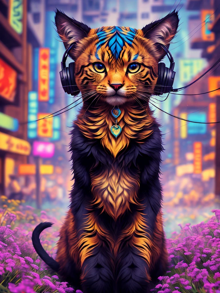 An anthropomorphic black cat with headphones and a jacket is sitting in the middle of a road, ultra realistic cat,more detailed,Cyberpunk and post-Soviet modernism-themed style. Close view, neon lights., Pop art, Pixar, Three-sided view, UHD, anatomicamente correto, pele texturizada, super detalhe, alta qualidade, 4K