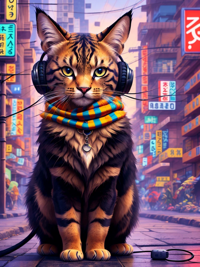 An anthropomorphic black cat with headphones and a jacket is sitting in the middle of a road, ultra realistic cat,more detailed,Cyberpunk and post-Soviet modernism-themed style. Close view, neon lights., Pop art, Pixar, Three-sided view, UHD, anatomicamente correto, pele texturizada, super detalhe, alta qualidade, 4K