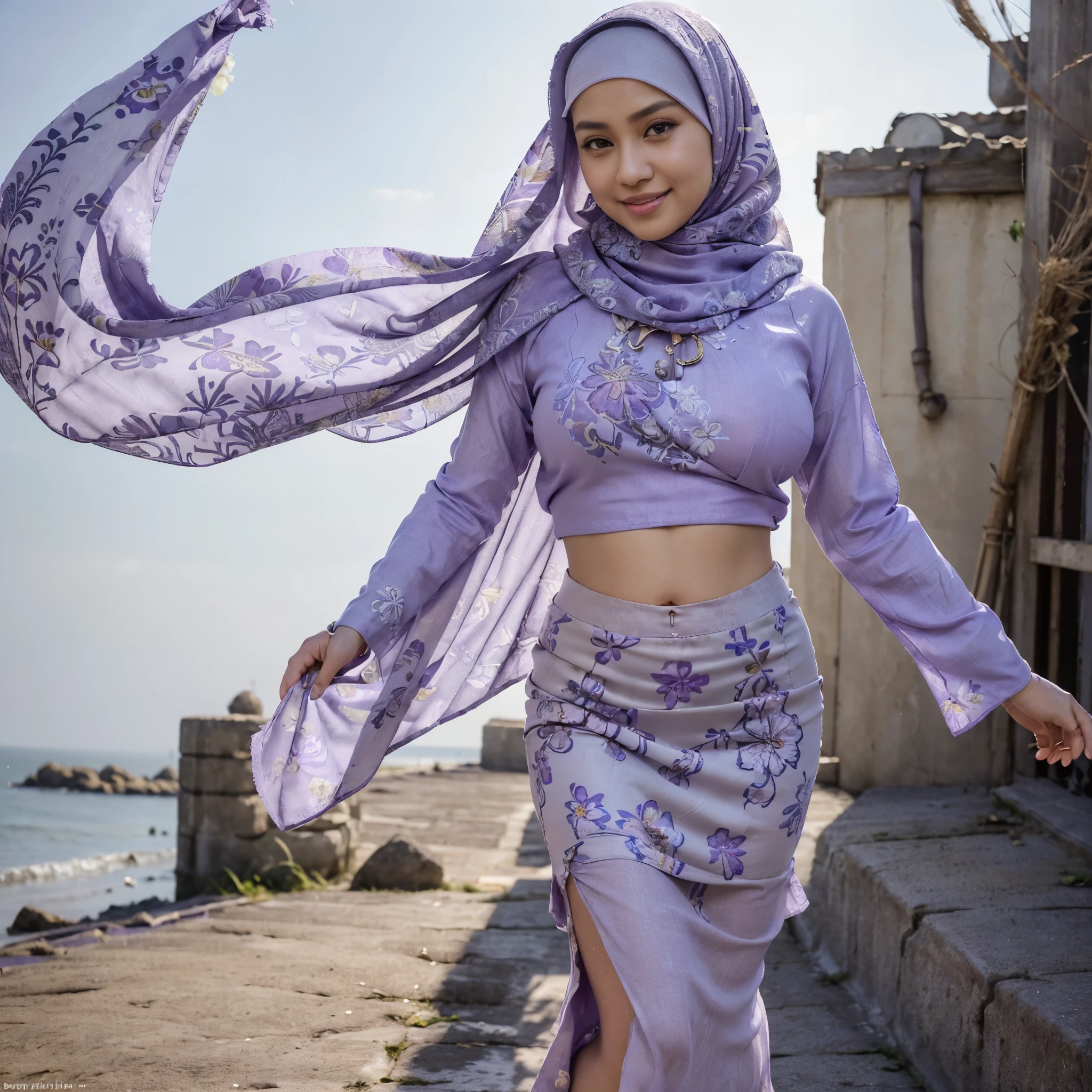 RAW, Best quality, high resolution, Masterpiece: 1.3), Beautiful Malay woman in hijab, Masterpiece, Perfect slim body, Beautiful big eyes, watery eyes, Soft smile, wet lips, big breast, ((wearing a tight light Purple Malay shirt with floral motifs, batik, with a closed hijab)), a simple diamond necklace, ((closed clothes), ((modest clothes)),((wearing a long, loose pliskit skirt with no slits down to the ankles, blowing in the wind, light purple)),((full body:1.2))smilling, windy, skin details, skin texture details, thick thighs, sexy body, morning time, smiling, happy, bright sunlight,seashore,blurred background, bokeh