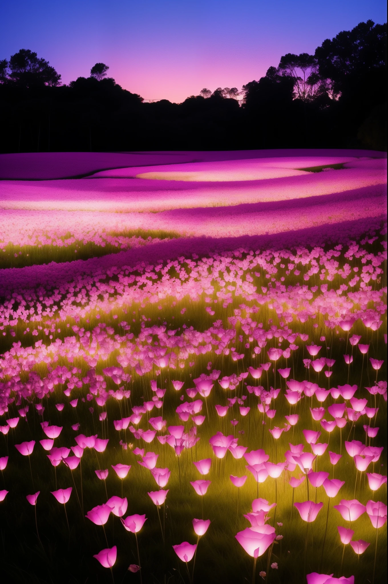 there are many pink flowers that are growing in the grass, glowing flowers, field of flowers at night, by Bruce Munro, surreal waiizi flowers, luminous flowers, rose pink lighting, soft bloom lighting, beautiful lit, field of pink flowers, lights with bloom, scattered glowing pink fireflies, beautiful glowing lights, field of fantasy flowers, beautiful illumination