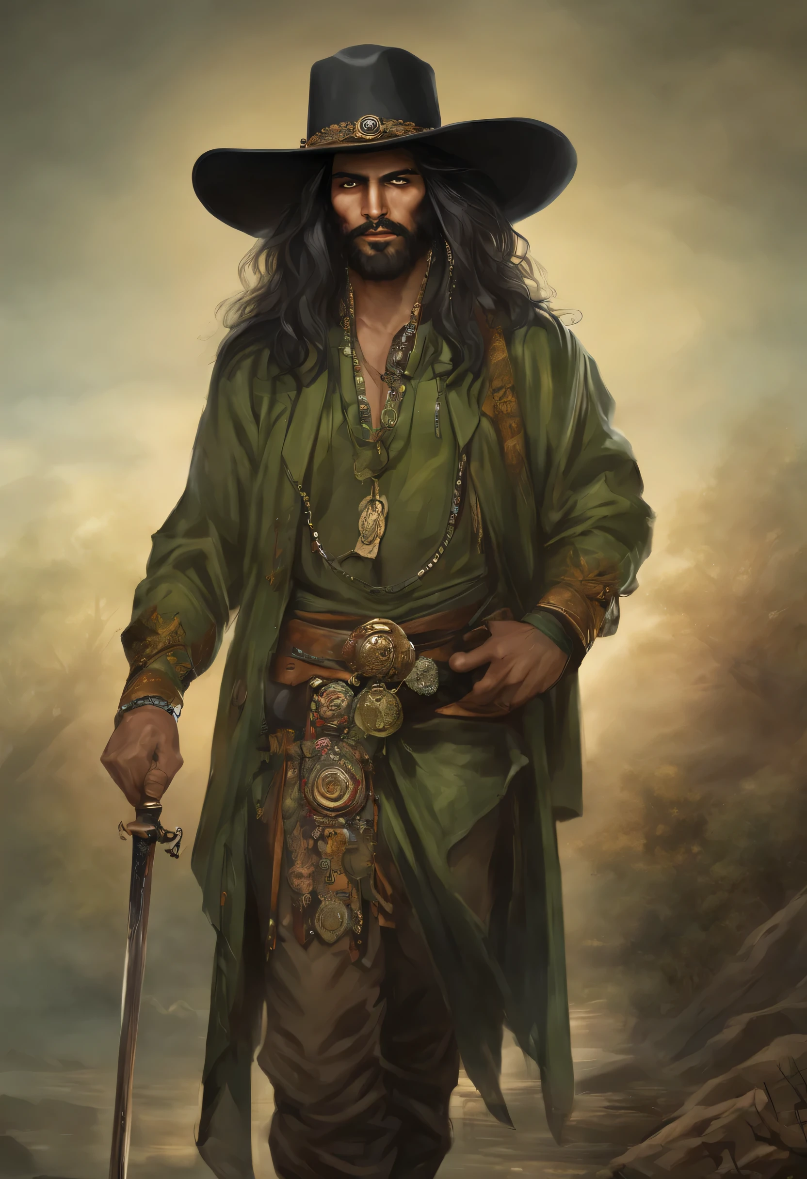 In an atmosphere of mystery and confidence, the tall and slender gypsy commands attention with his long, black hair cascading in gentle curls down to his shoulders. His expressive green eyes capture the essence of his wit, intriguingly contrasting with the darkness of his locks. A carefully trimmed triangular beard adds a touch of charm and assurance. Cloaked in a full black leather ensemble adorned with intricate golden details, he emanates a sense of both ruggedness and refinement. His attire, inspired by the traditional garb of leather-clad gypsies, features a golden headscarf and is complemented by a cowboy hat, lending a touch of Western flair to his overall presence. In his hand, he holds a small sword with dexterity, ready for any challenge. With a masculine and confident expression, the gypsy embodies a magnetic presence, a unique fusion of boldness and grace. The image should depict him in full body, capturing every detail, and should be of high-definition photographic quality.
