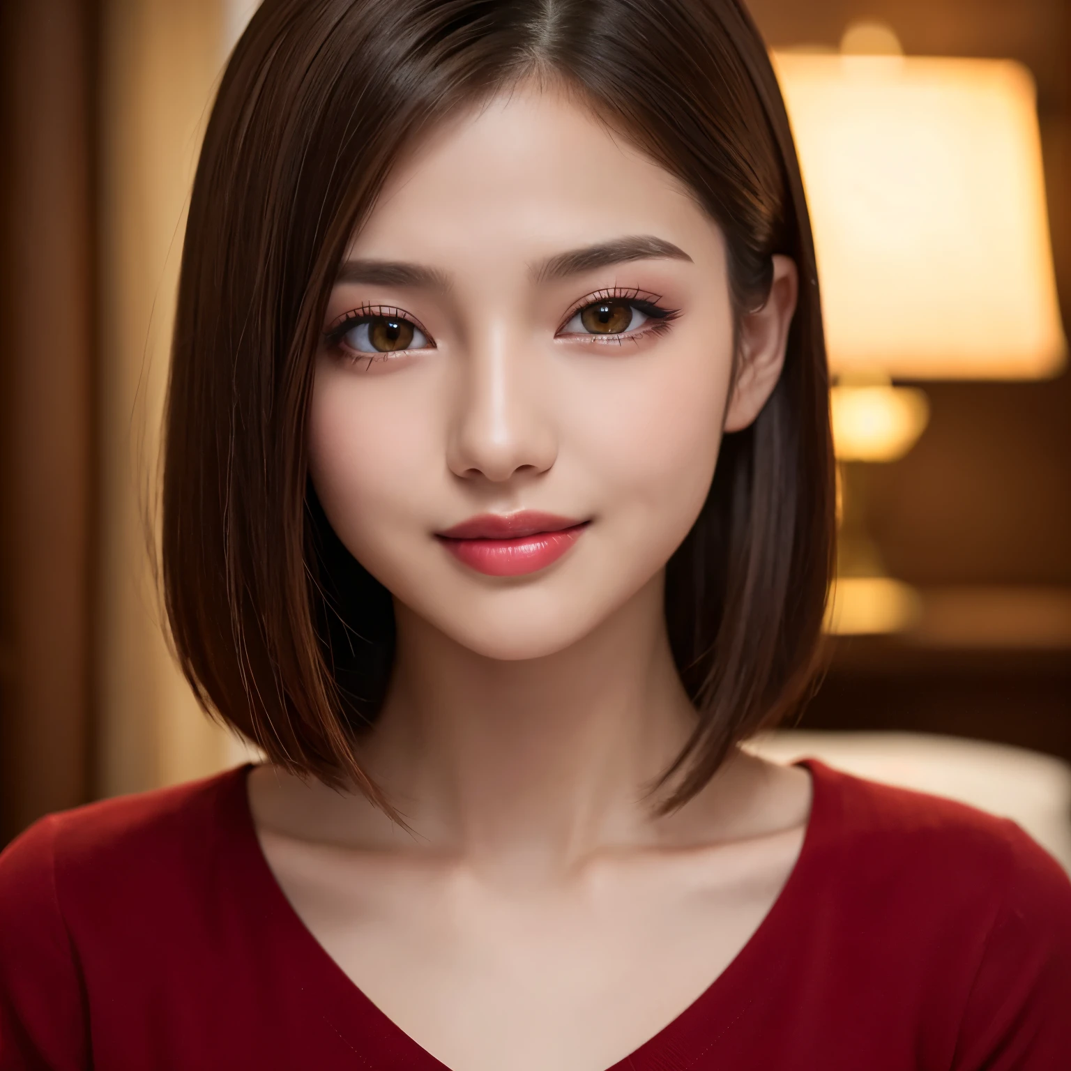 (highest quality、table top、8K、best image quality、Award-winning work)、(1 young girl, :1.3)、(Perfect V-neck red long knit sweater:1.2)、(red eyeshadow:1.2)、perfect makeup、long eyelashes、Super high-definition sparkling eyes、ultra high definition hair、ultra high resolution glossy lips、Super high resolution perfect teeth、Super high resolution cute face、brown hair、(very short straight hair:1.1)、look at me and smile、[clavicle]、accurate anatomy、(close up of face:1.5)、Luxury love hotel、(The most moody warm lighting:1.2)、blurred background