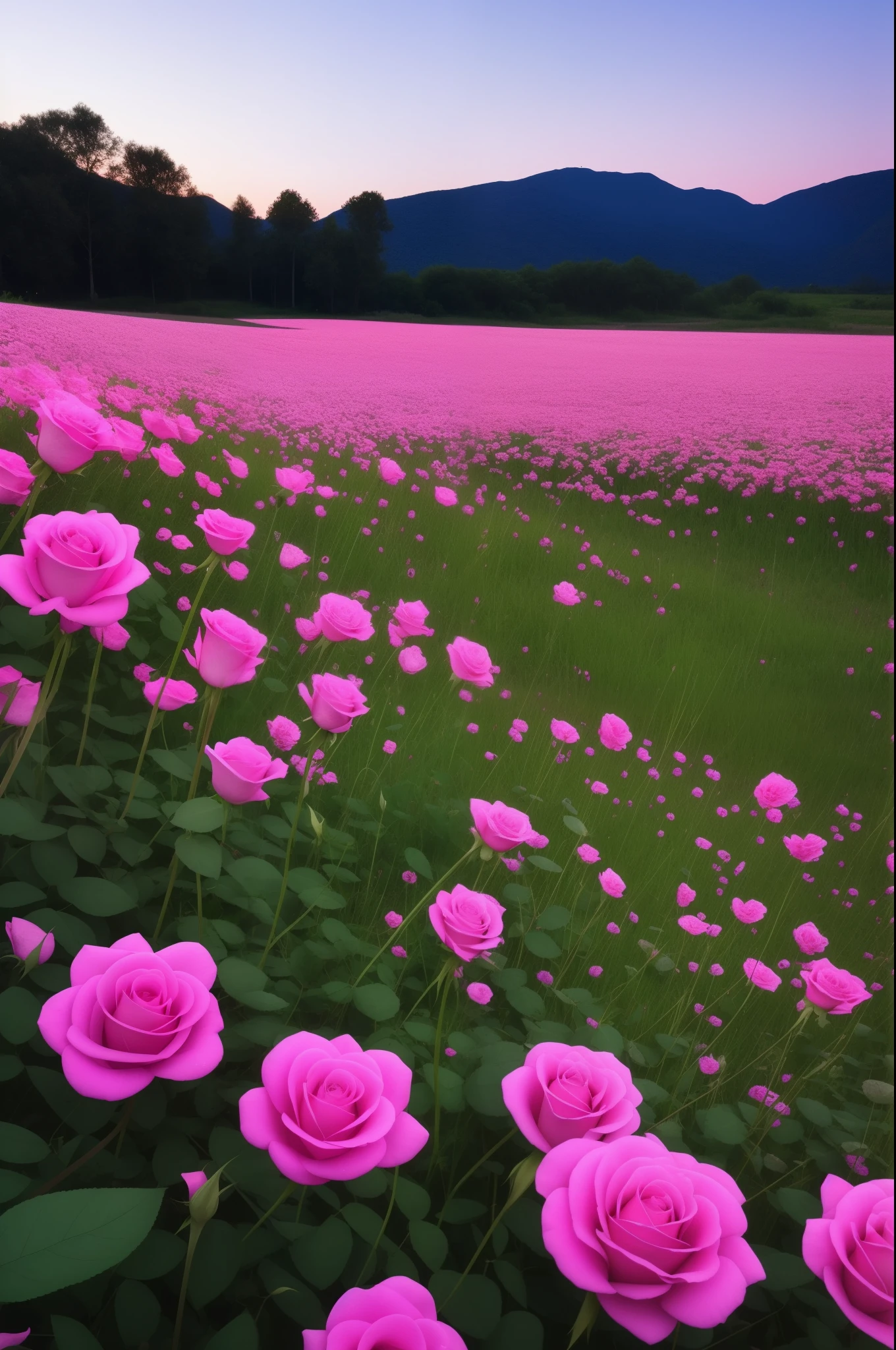 there are many pink luminous flowers that are growing in the grass, luminous flowers, rose pink lighting at night.