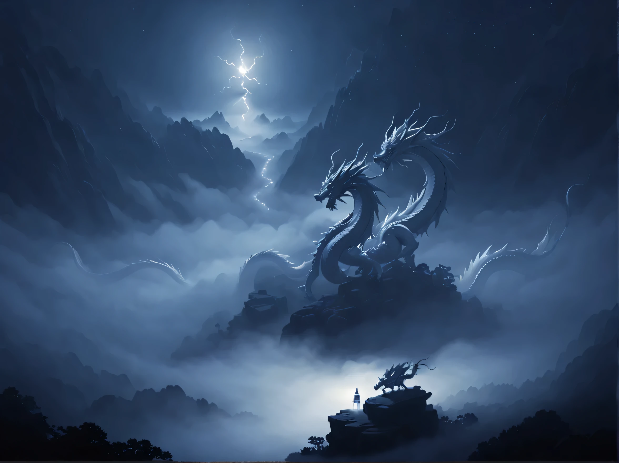 (masterpiece, best quality, thunders:1.2), (Asian White Dragon:1.3), sky, beautiful, (fog, foggy:1.5), (night, dark, no light: 1.7), (darkness, shadow:1.7), clouds, clean, cliffountain peaks, minimalism:1.4), ultra clean, Ultra detailed, studio ghibli, wallpaper, clean, warm tone, god rays, anime style, cinematic lighting, bloom, ray tracing, reflection light, masterpiece, super detail, highres, best quality