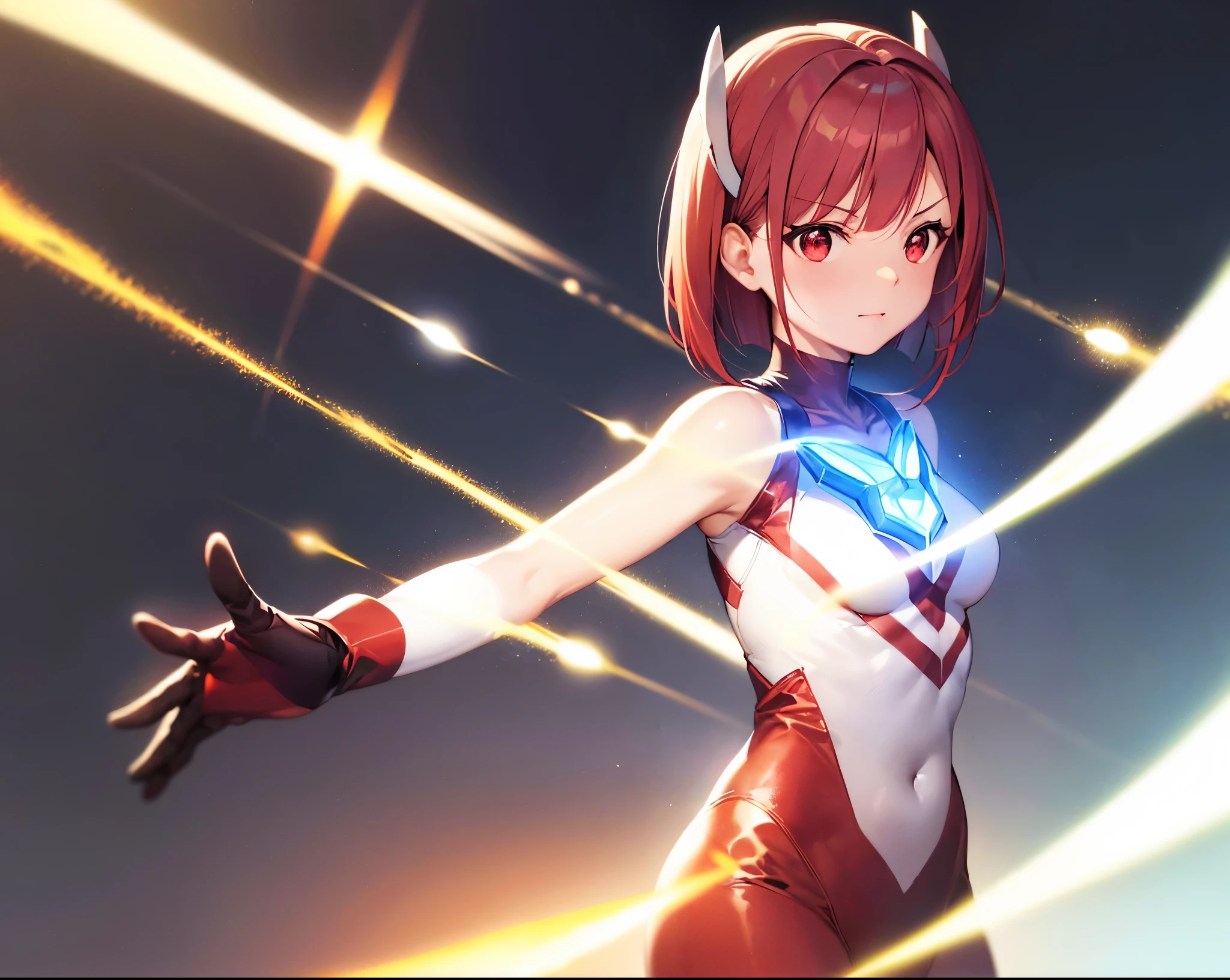 highest quality, ultra detail, High quality CG drawing, The most delicate and beautiful, Floating gently, High resolution, (1 girl), (Highest image quality,4K,8K,masterpiece:1.2),(bright red hair:1.5),(short bob:1.5),(red eyes:1.5), (Ultra Girl :1.0), (silver and red ultraman bodysuit:1.4),slightly bigger breasts,Good abs,Good looking pose,(Upper body:1.0),(視聴者にbackを向ける:1.0),back,butt