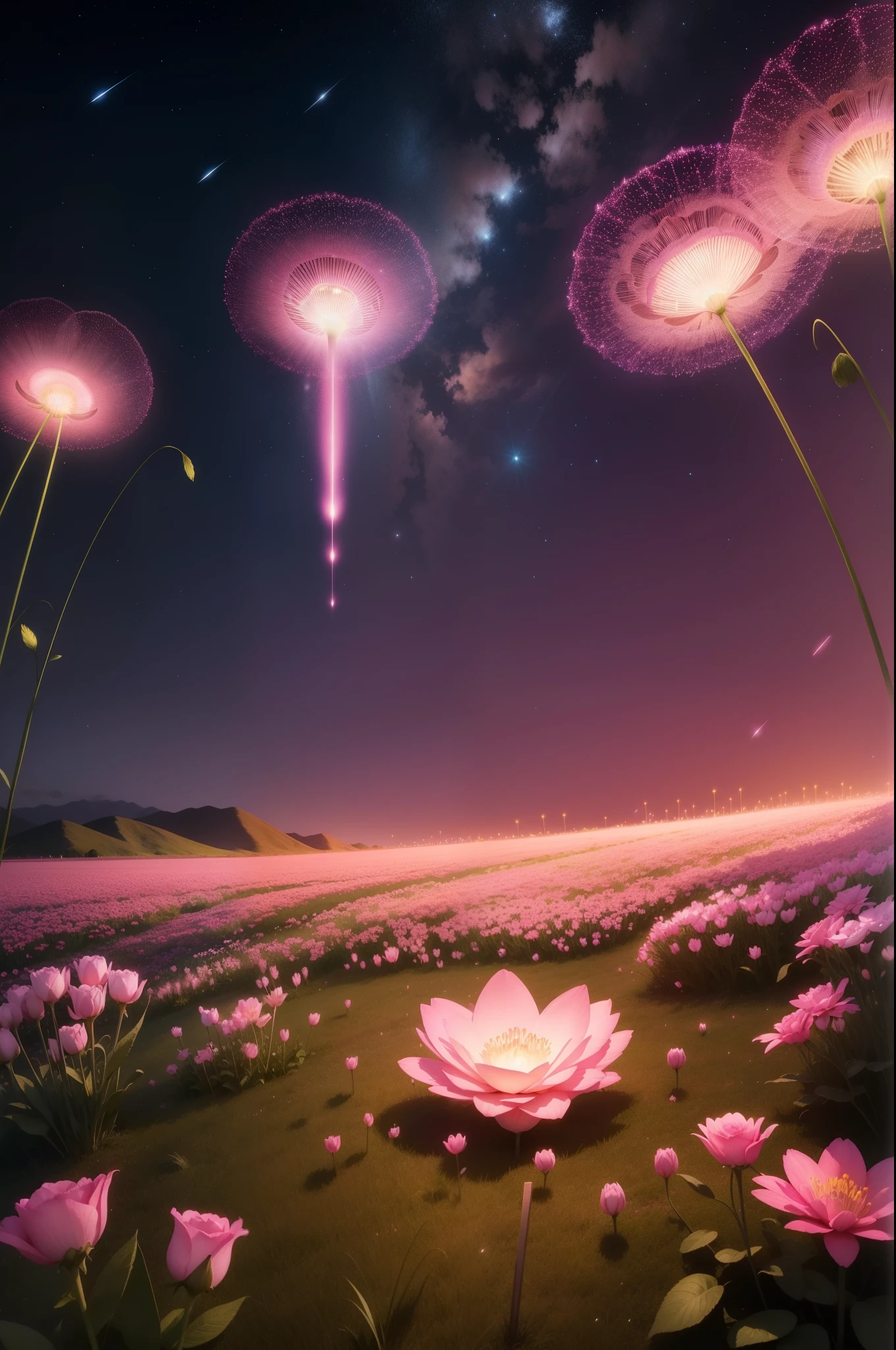there are many pink flowers that are growing in the grass, glowing flowers, field of flowers at night, by Bruce Munro, surreal waiizi flowers, luminous flowers, rose pink lighting, soft bloom lighting, beautiful lit, field of pink flowers, lights with bloom, scattered glowing pink fireflies, beautiful glowing lights, field of fantasy flowers, beautiful illumination