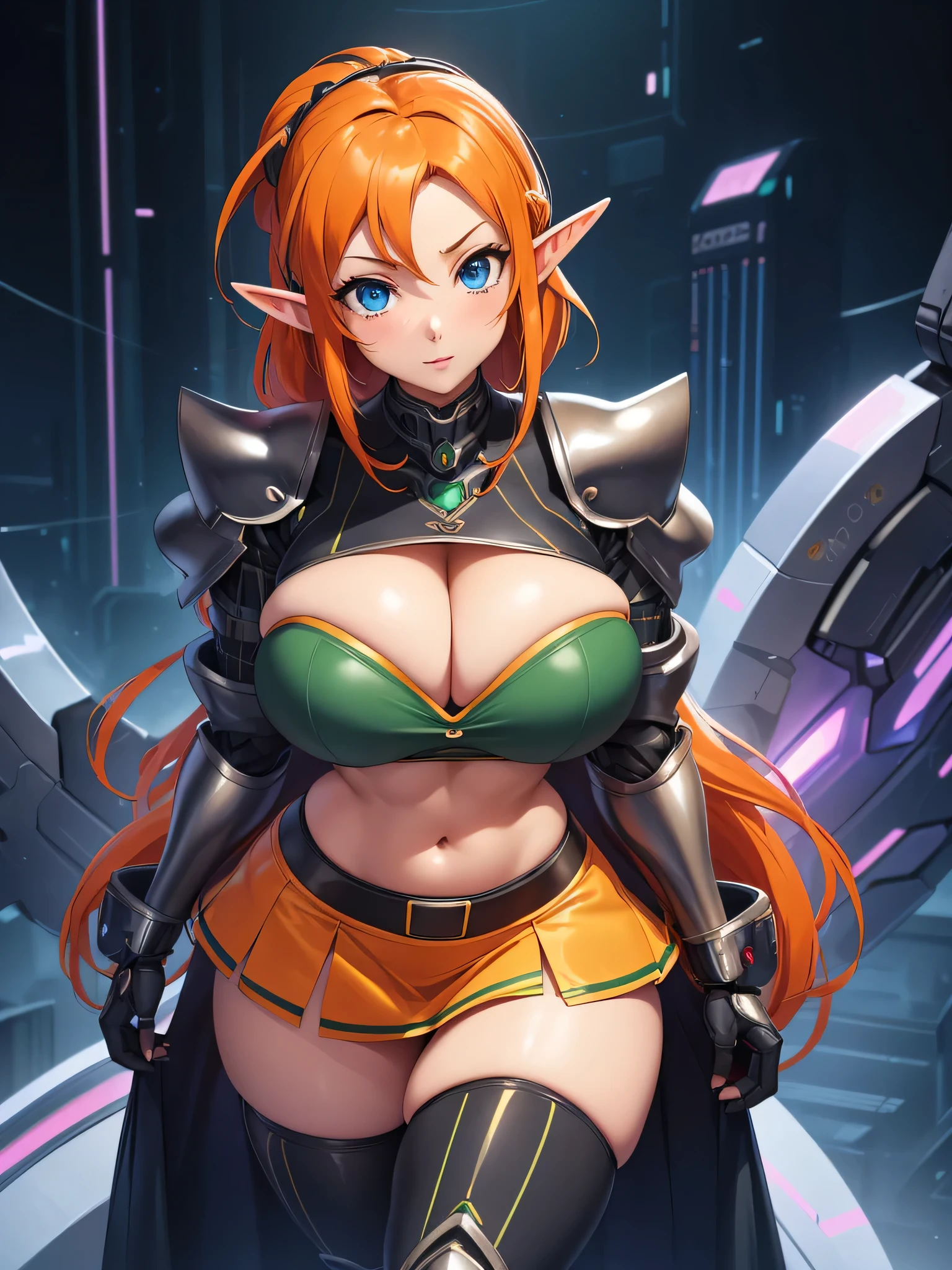 super high image, super detail, super high resolution, best quality, (full body image), ((anime)), (((masterpiece))), , (((elf girl))), (((milf))),(pretty face), (perfect body), (hourglass body shape), (high quality hands), ((orange hair)), (beautiful eyes), ((massive breasts:1.2)), (sexy), ((((cyber armor)))), sexy expression, (((erotic pose))), (thin waist:1.0), (wide hips:1.3), (thick ass:1.1), ((midriff)), ((in sci fi city)), ((short skirt))