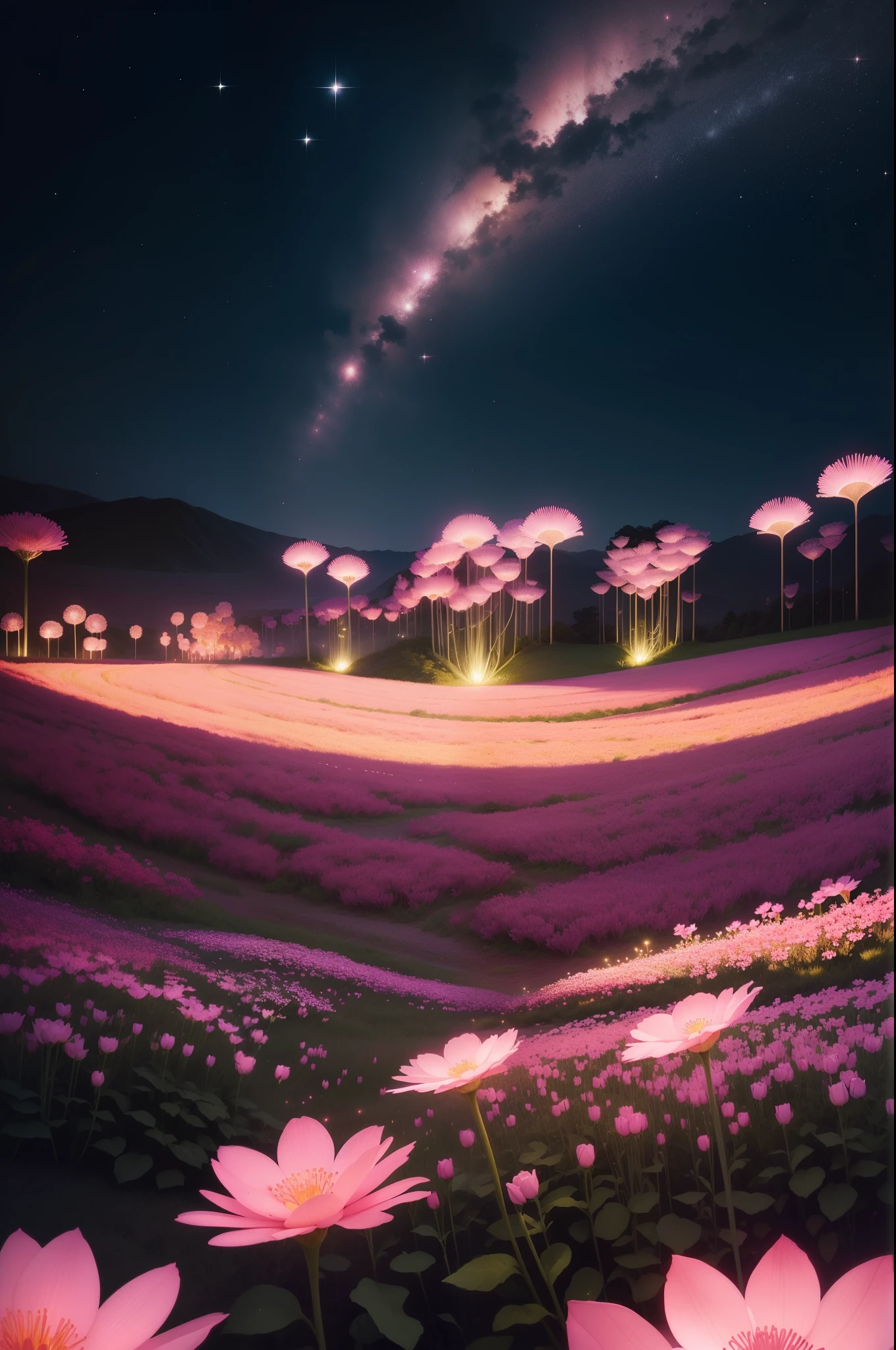 there are many pink flowers that are growing in the grass, glowing flowers, field of flowers at night, by Bruce Munro, surreal waiizi flowers, luminous flowers, rose pink lighting, soft bloom lighting, beautiful lit, field of pink flowers, lights with bloom, scattered glowing pink fireflies, beautiful glowing lights, field of fantasy flowers, beautiful illumination