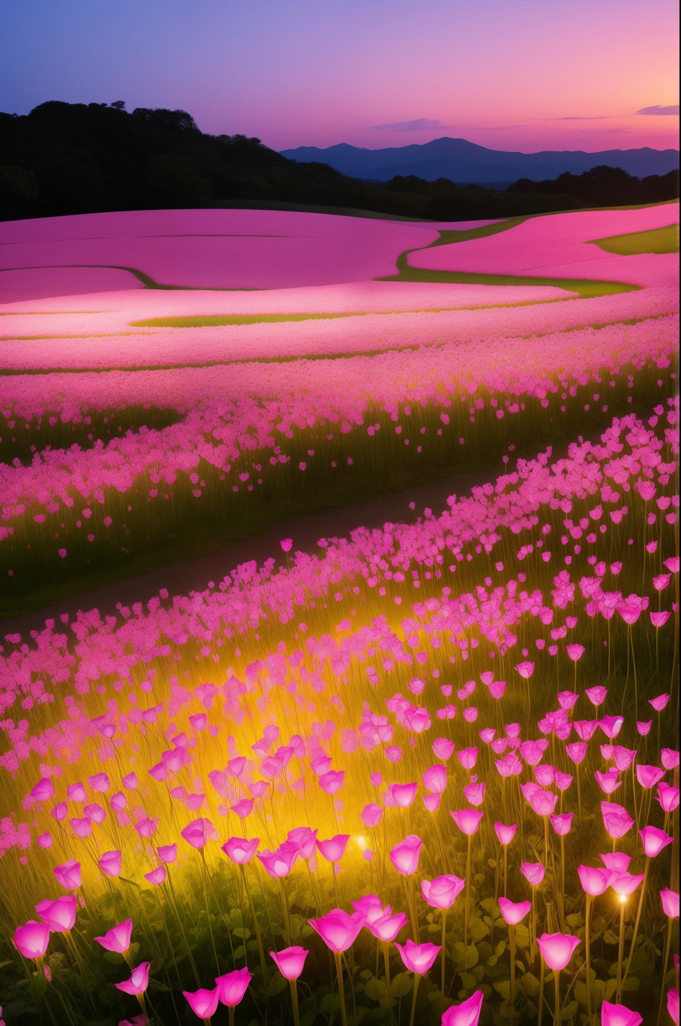 there are many pink flowers that are growing in the grass, glowing flowers, field of flowers at night, by Bruce Munro, surreal waiizi flowers, luminous flowers, rose pink lighting, soft bloom lighting, beautiful lit, field of pink flowers, lights with bloom, scattered glowing pink fireflies, beautiful glowing lights, field of fantasy flowers, beautiful illumination