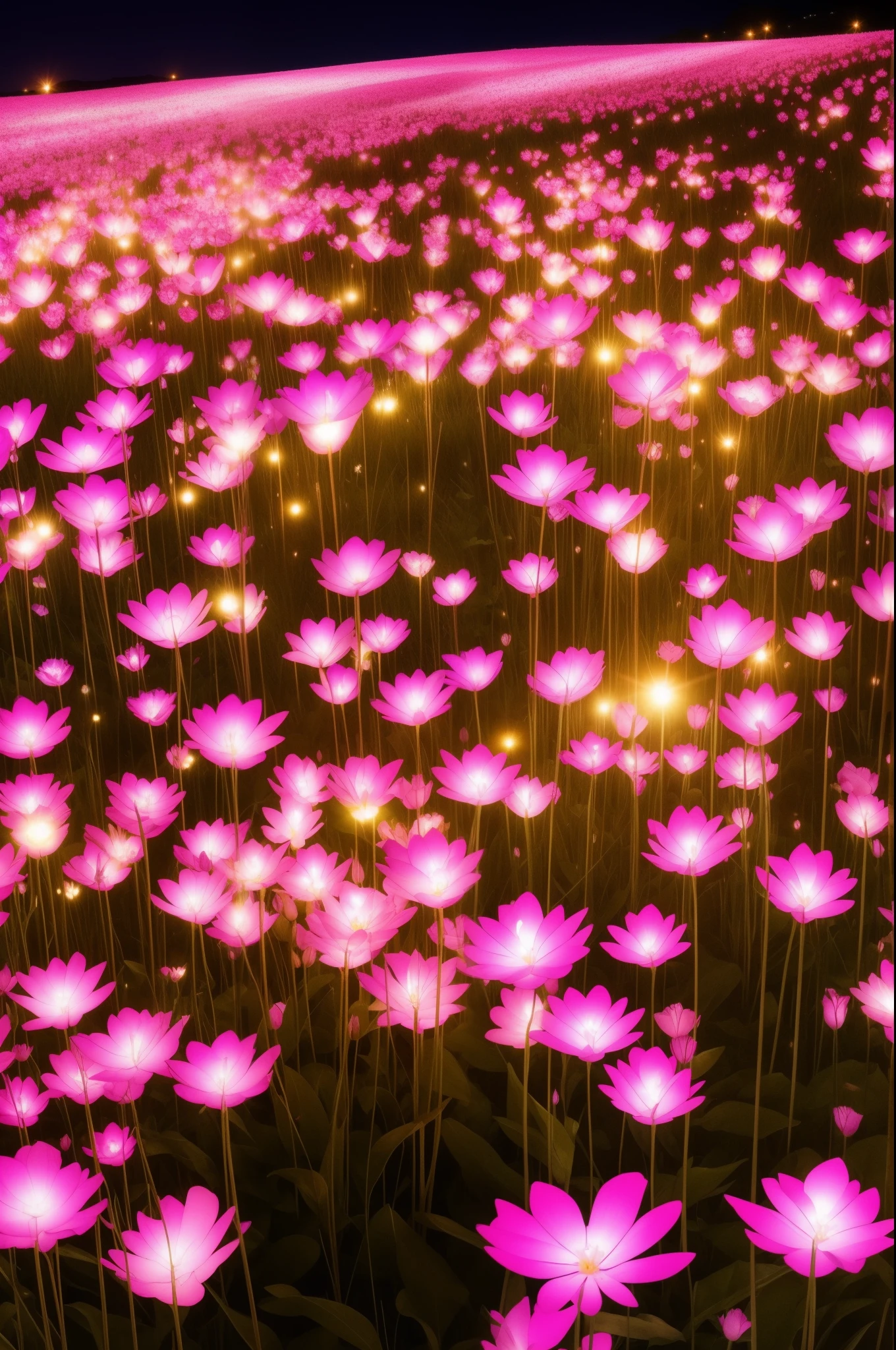 there are many pink flowers that are growing in the grass, glowing flowers, field of flowers at night, by Bruce Munro, surreal waiizi flowers, luminous flowers, rose pink lighting, soft bloom lighting, beautiful lit, field of pink flowers, lights with bloom, scattered glowing pink fireflies, beautiful glowing lights, field of fantasy flowers, beautiful illumination
