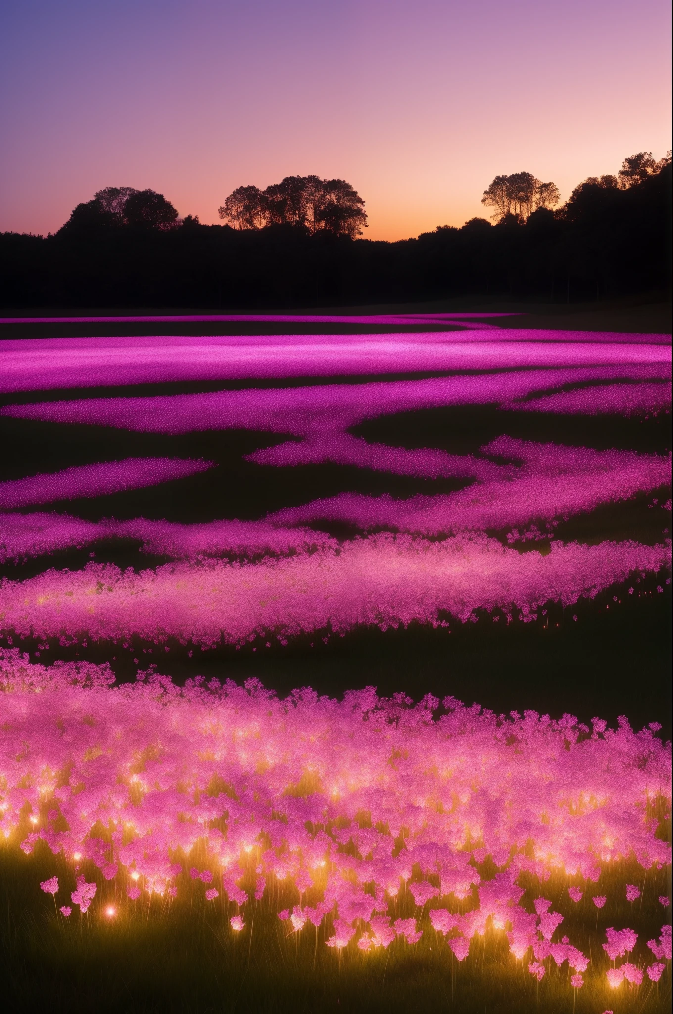 there are many pink flowers that are growing in the grass, glowing flowers, field of flowers at night, by Bruce Munro, surreal waiizi flowers, luminous flowers, rose pink lighting, soft bloom lighting, beautiful lit, field of pink flowers, lights with bloom, scattered glowing pink fireflies, beautiful glowing lights, field of fantasy flowers, beautiful illumination