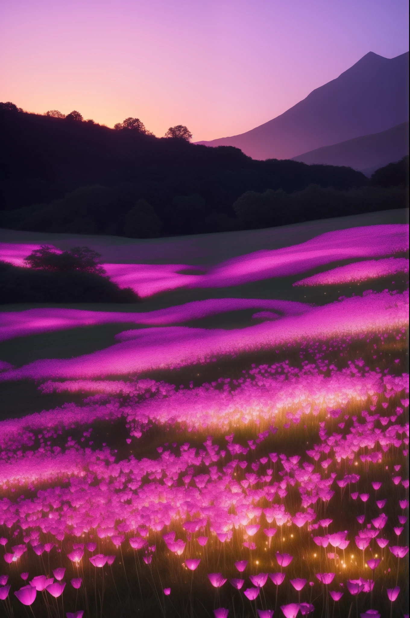 there are many pink flowers that are growing in the grass, glowing flowers, field of flowers at night, by Bruce Munro, surreal waiizi flowers, luminous flowers, rose pink lighting, soft bloom lighting, beautiful lit, field of pink flowers, lights with bloom, scattered glowing pink fireflies, beautiful glowing lights, field of fantasy flowers, beautiful illumination