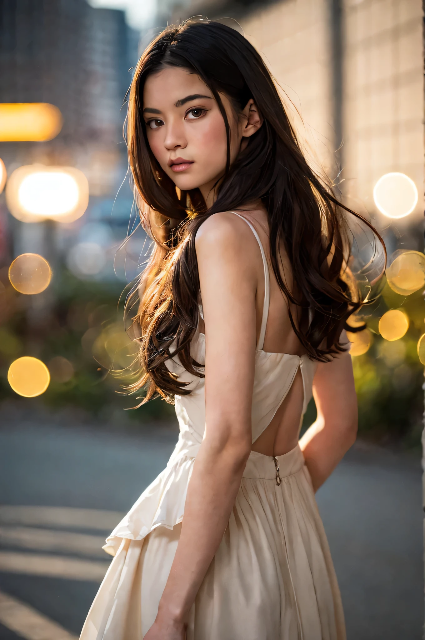 (best quality), (ultra-detailed), (llustration), (detailed light), (an extremely delicate and beautiful), 1ung girl, long hair, brown hair, brown eyes, model, Enchanting, Sublime, Ethereal, Sorrow, confusion, best quality, fantastic, extremely detailed CG unified 8k wallpaper, High-definition raw color photos, professional photograpy, (((Bokeh))), twilight, Golden hour, Backlighting, depth of fields,