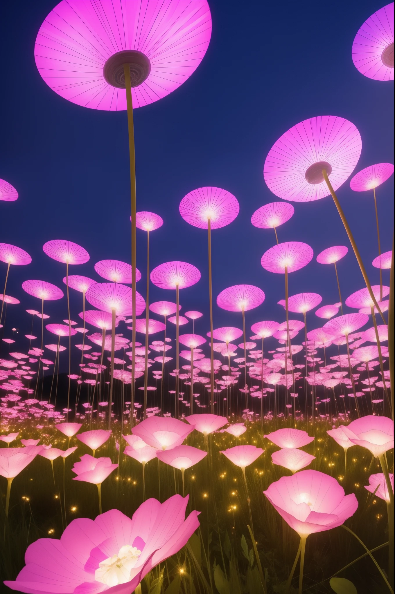 there are many pink flowers that are growing in the grass, glowing flowers, field of flowers at night, by Bruce Munro, surreal waiizi flowers, luminous flowers, rose pink lighting, soft bloom lighting, beautiful lit, field of pink flowers, lights with bloom, scattered glowing pink fireflies, beautiful glowing lights, field of fantasy flowers, beautiful illumination
