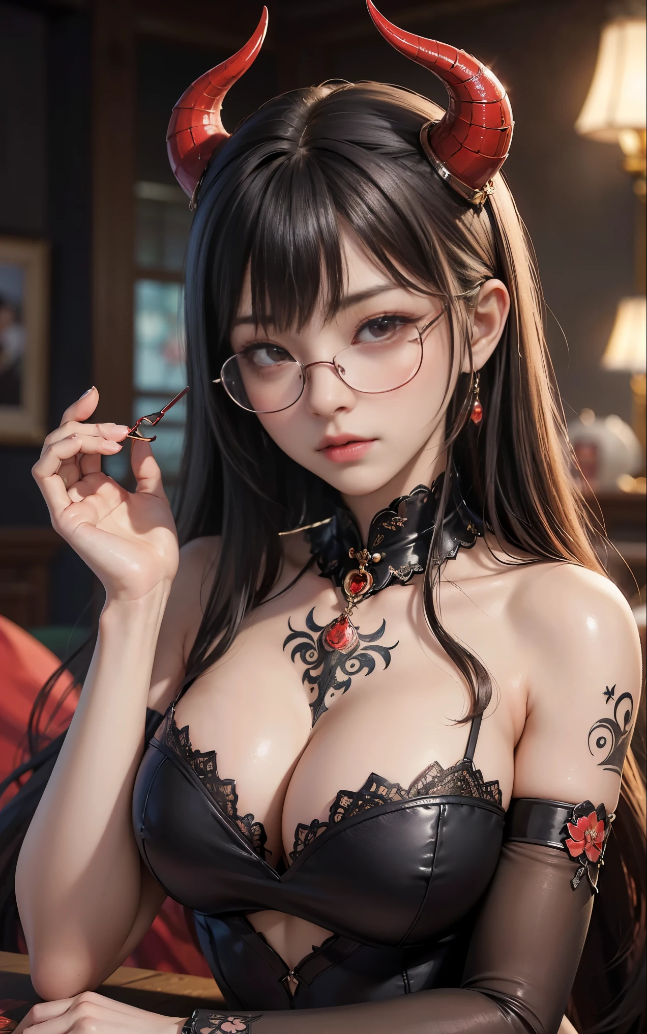 OKですかですか、(best illustrations)、8k UHD resolution、intricate details、highest quality、realistic、Super detailed、best lighting、best shadows、soft lighting、Ultra HD、超realistic、Tyndall effect、Photoreal、(high detail skin:1.2)、 (intricate details, compensate, face to face with the children_v1:0.5), (OK, beautiful and delicate face, OKですか, beautiful and delicate eyes, perfectly proportioned face, high resolution skins, fine skin, Optimal ratio of 4 fingers and 1 thumb, arm under chest, red tattoo on lower abdomen、wow wow, wide hips, smooth abdomen, thin and thin skin, __fashion__, __hair__:1.25)、Digital single-lens reflex camera、 absurd、(table top: 1.3), (maximum resolution: 1.2), (Ultra HDTV: 1.2), cinematic light, fine eyes and skin, detailed facial features, , (sharp focus: 1.2), (focus on face:1.2),perfect style, beautiful face, acura, anatomically correct, Highly detailed face and skin texture, fine eyes, double eyelid, thin eyebrows, glitter eyeliner: 1 natural cheeks, Glossy skin, Fair skin: 1.2, (glossy lips: 1.4),(embarrassed look: 1.2),Highly detailed face and skin texture, fine eyes, double eyelid, natural cheeks, glossy lips: 1.4,exposed cleavage、Bewitching。charm、 Beautiful devil woman from hell, Surreal female portraits by David Hockney and Alphonse Mucha, charm女性の肖像画、fantasy art, chinese doll、chinese actress、dungeon、dragon、devil'Palace of、devil'torture chamber、night、dark style 、in the dark、(detailed spooky background:0.8), magic、 1 girl、evil nun、dark necromancer、Succubus、devil'Daughter of、Shinonome Umi、bat wings,(((devil'Horn)))、 ((((giant glasses, otaku glasses, thick glasses, round glasses)))),(((big breasts)))、(devil'Tail)、(red eyesは光り輝いて:1.6)、red eyesは非常に鮮明で詳細です, your eyes are made up so beautifully, ((red eyes:1.0)),intricate tattoo, demonic intricate tattoo, tattoo on thigh, body tattoo, masterpiece、最もbeautiful face、baby face、cute smile、beautiful plump red lips、筋肉のcharm体、devilのcharm体、devil style、charmブラックマジックコスチューム、The long-haired、Braid、Black hair、Ponytail distortion、, Ponytail with a bow tied at the back of the hair, beautiful expression、body up、big breasts強調、bust, super tight chest, Breast augmentation surgery, The chest is very large and round,tight waist、wide ass、 secret key, cowboy lens, (Black Phoenix Dress: 1.0), devil crown, red sparkling gemstone necklace、Jewelry G Wise, Please wear black mesh socks,Wear light red、nffsw, nffsw, meet beautiful girls, looking at girl'body of,
