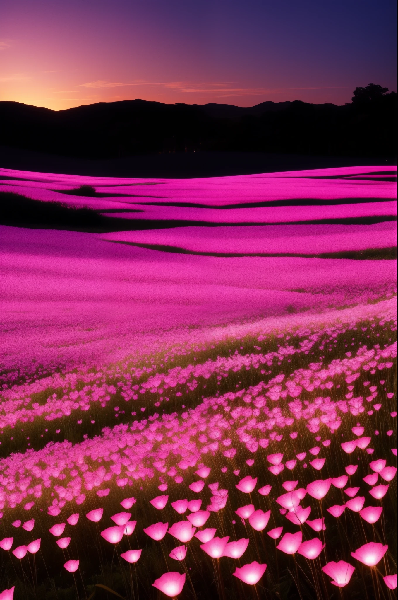 there are many pink flowers that are growing in the grass, digital art by Bruce Munro, tumblr, interactive art, glowing flowers, field of flowers at night, surreal waiizi flowers, luminous flowers, rose pink lighting, soft bloom lighting, beautiful lit, field of pink flowers, lights with bloom, scattered glowing pink fireflies, beautiful glowing lights, field of fantasy flowers