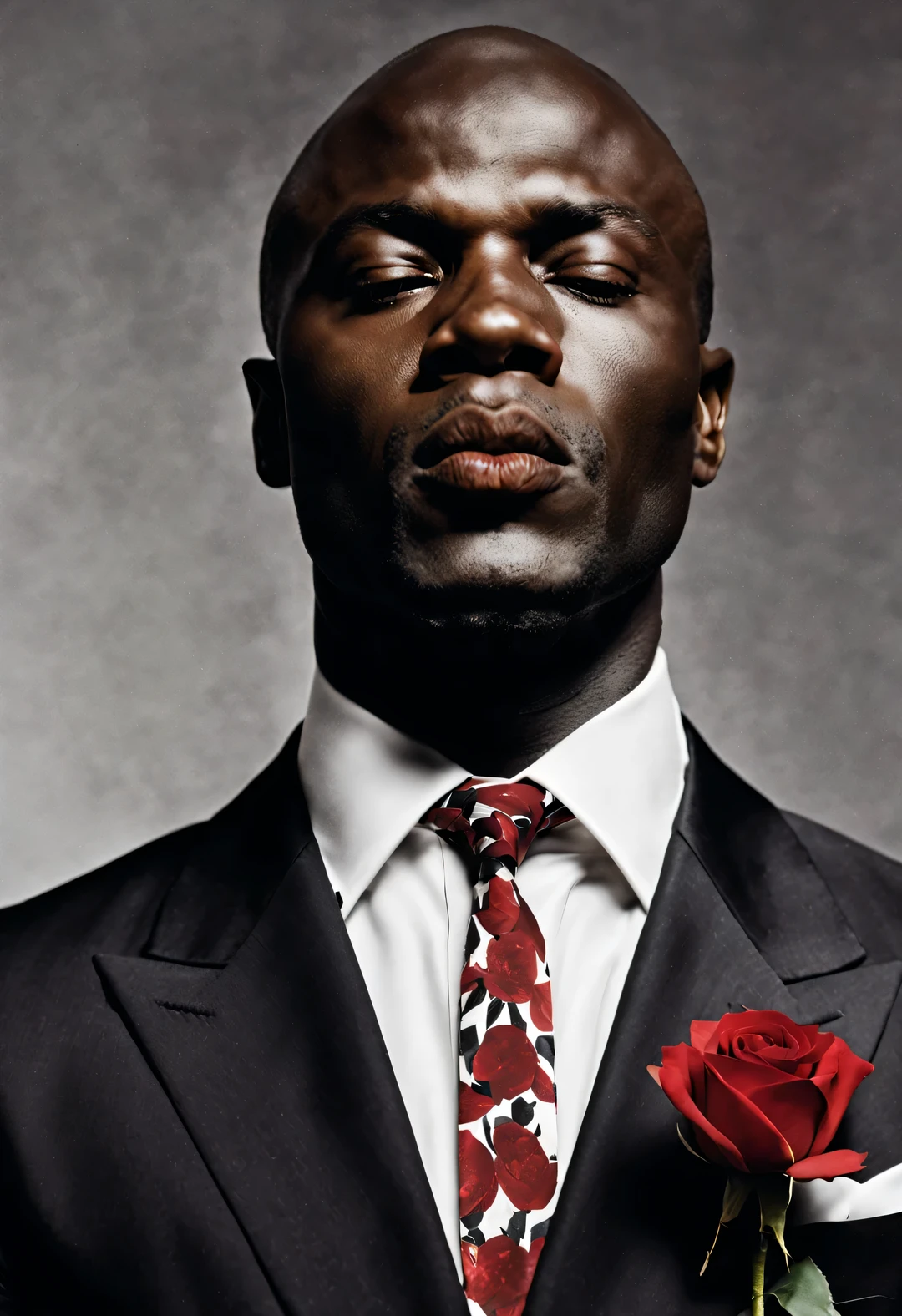 英国男歌手海尔·亨利·塞缪尔close up, above neck, Wearing a white shirt and tie suit,
Floating red lipstick and red rose on translucent background Irving Penn Photography, close up, sad, pain, fatigue, nude minimalism, black and white, magnificent, Elasticity, Award-winning photography,