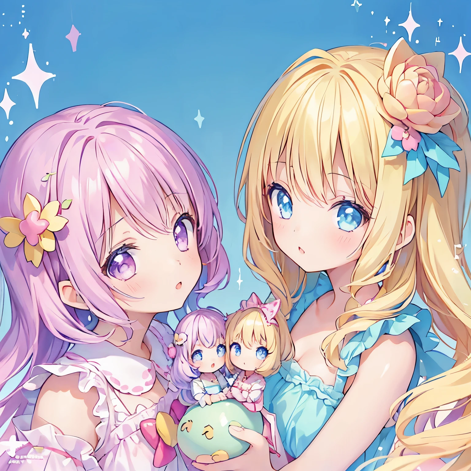 Beautiful illustration，Best quality at best，adolable，Four teenage girls，Big eyes, kawaiitech, kawaii, Cute, Pastel colors, Best quality, cheerfulness, Deep background, Symmetrical, Tilted head, Summer，huge tit，Seductive and cute，close-up upper body