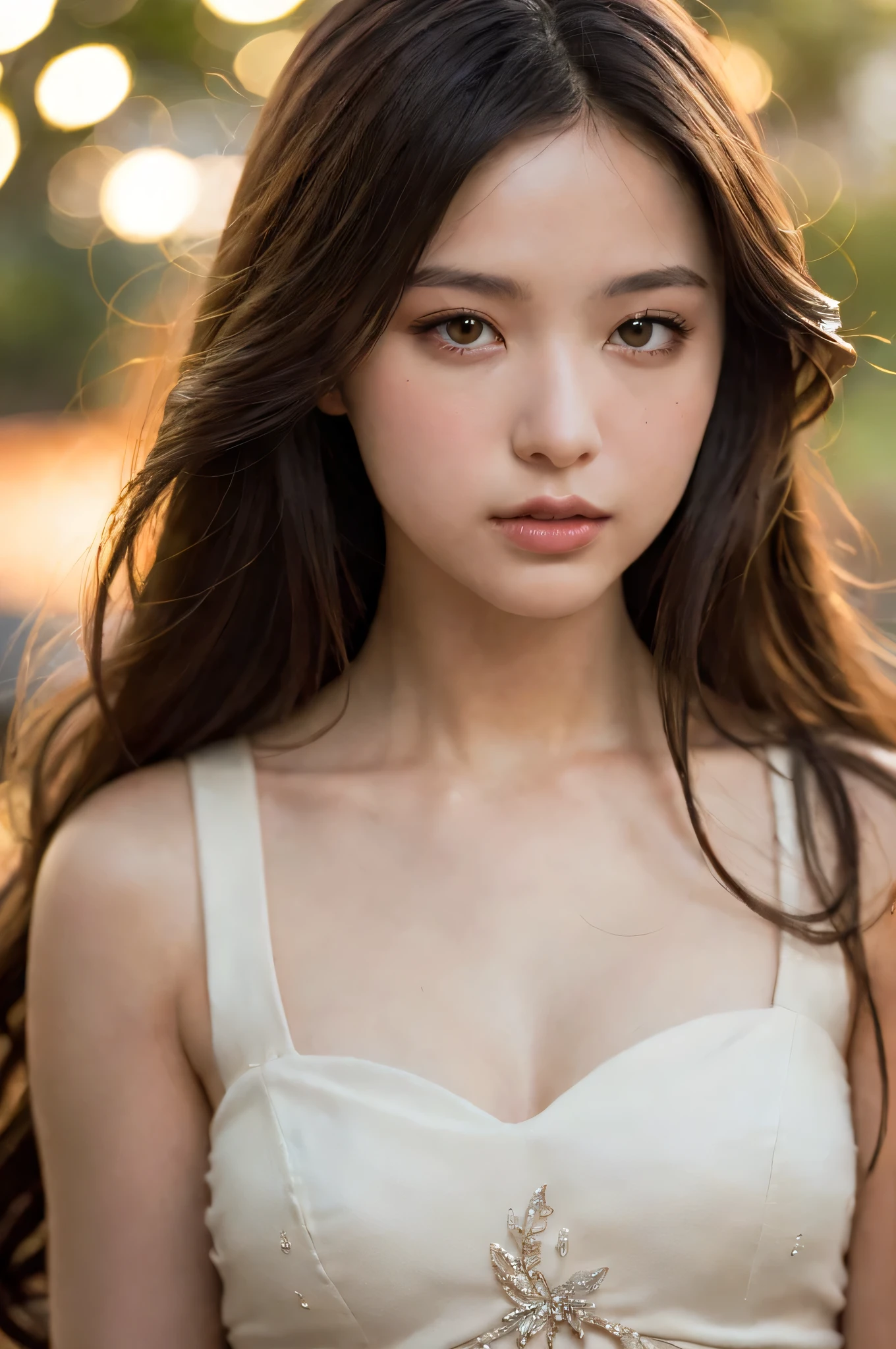 (best quality), (ultra-detailed), (llustration), (detailed light), (an extremely delicate and beautiful), 1ung girl, long hair, brown hair, brown eyes, model, Enchanting, Sublime, Ethereal, Sorrow, confusion, best quality, fantastic, extremely detailed CG unified 8k wallpaper, High-definition raw color photos, professional photograpy, (((Bokeh))), twilight, Golden hour, Backlighting, depth of fields,