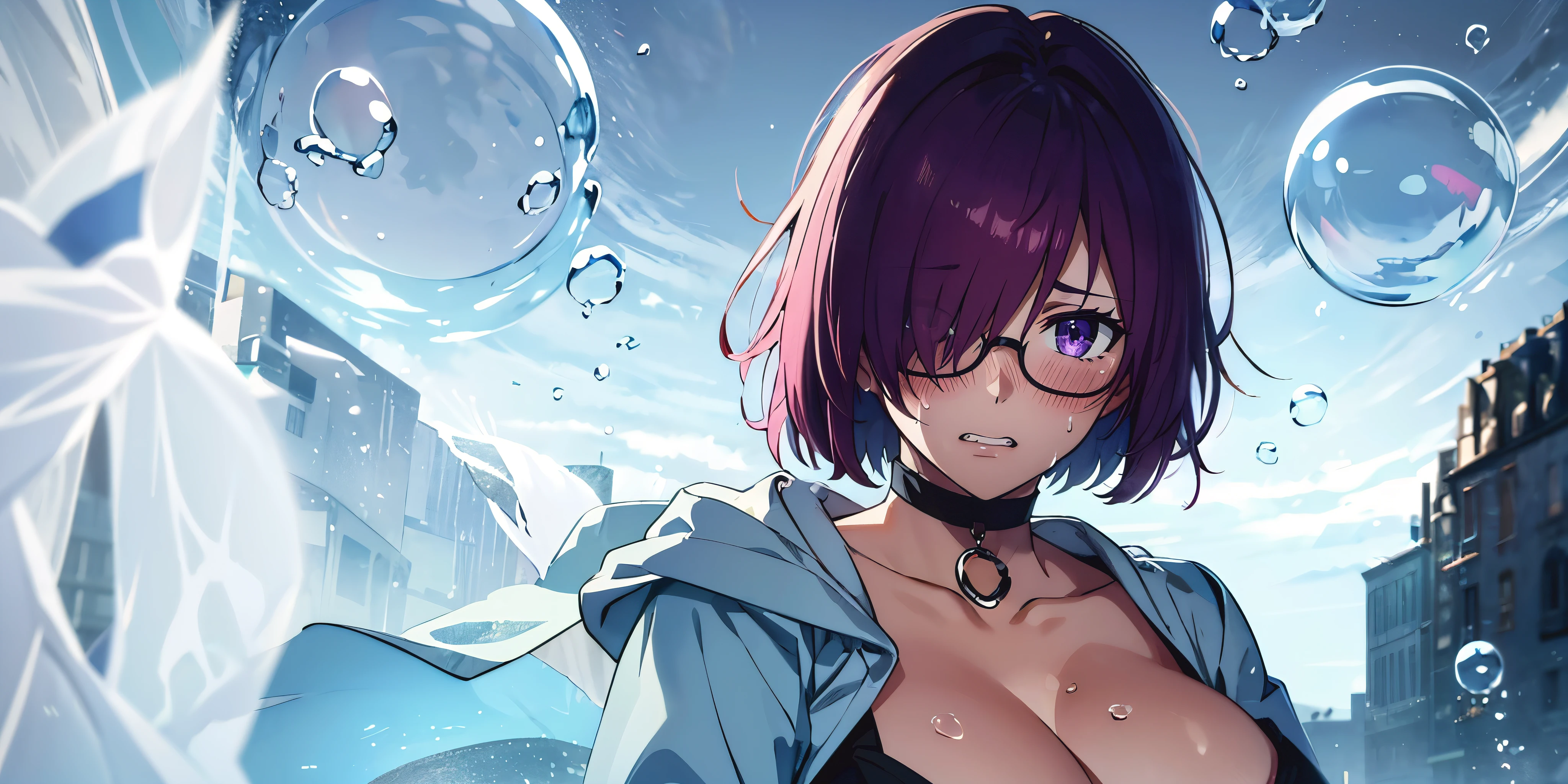 kyriedef, hair over one eye, pink hair, glasses, short hair, purple eyes, shaded face, detailed face, sweating, looking at viewer, embarrassed, blush face, clenched teeth, detailed face, sweating, looking at viewer, modern decor,cozy atmosphere,relaxing vibes,urban backdrop,dreamy ambiance, huge breast, hair ornament, magical aura, enchanting beauty, mystical setting, enchanting artwork, intricate details.sweating, breasts, 1girl, choker, black_choker, bubble, breasts, solo, air_bubble, underwater, cleavage, looking_at_viewer, jacket, collarbone, upper_body
