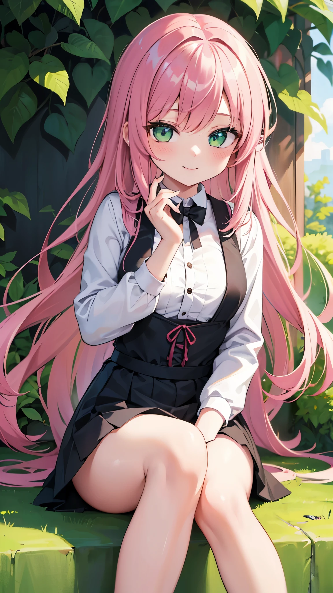 1girl, kamikimikami, 17yersold, pink hair, green eyes, smile, feet out of frame
anime colored, animated painting, {{masterpiece}}, {{best quality}}, {ultra-detailed}, {{kawaii}}, cute, {lovely}, high resolution, {{extremely detailed cg}}, 4K, {8K}, best quality, best quality, super detailed skin, beautiful detailed eyes, perfect anatomy,