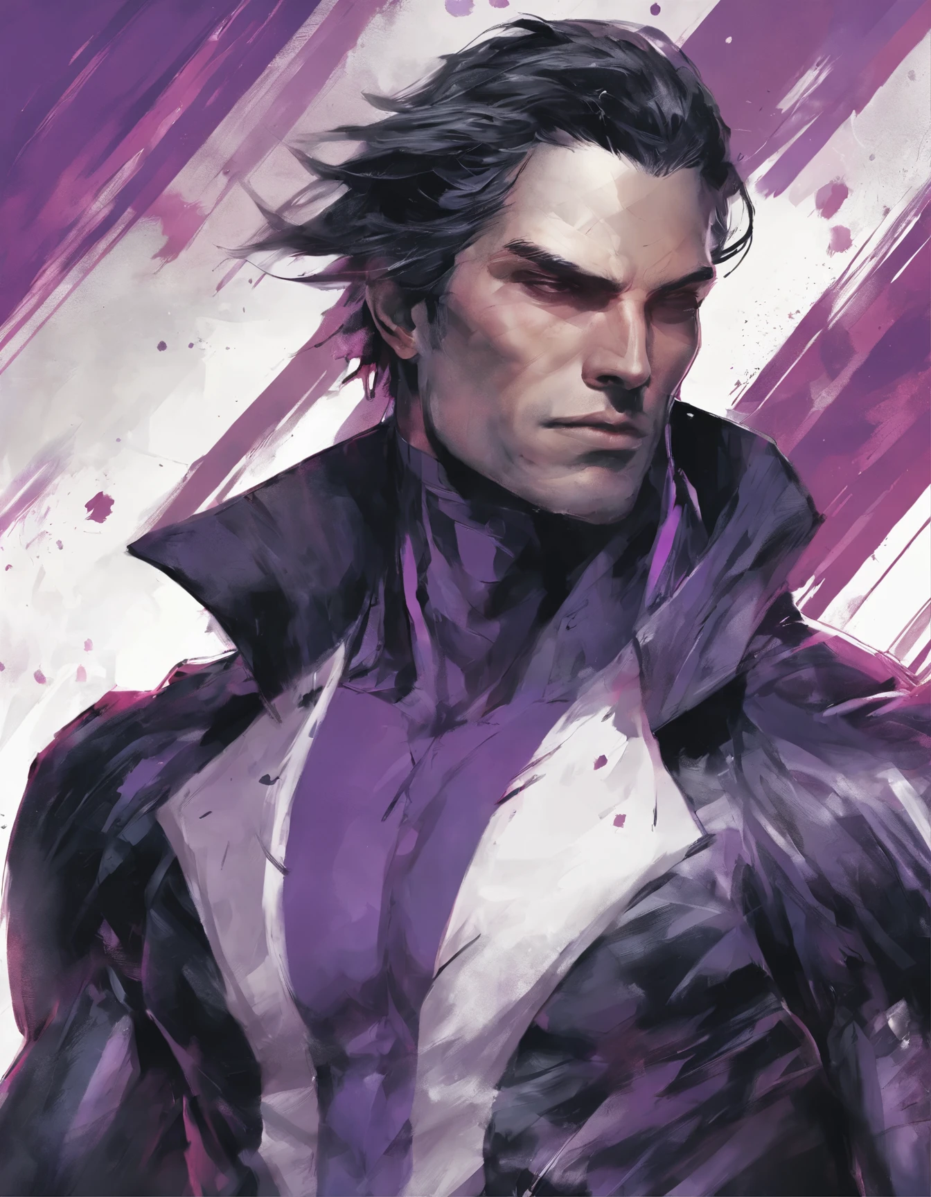 a long black glam hair man hybrid between human and alien grey portrait, pale white skin, purple horizontal striped overcoat, metal chrome boots, black pants, without tshirt, showing his muscles, skinny character, action pose concept art, art station. artwork style by alex ross, jae lee, Watercolor, trending on artstation, sharp focus, studio photo, intricate details, highly detailed, by greg rutkowski