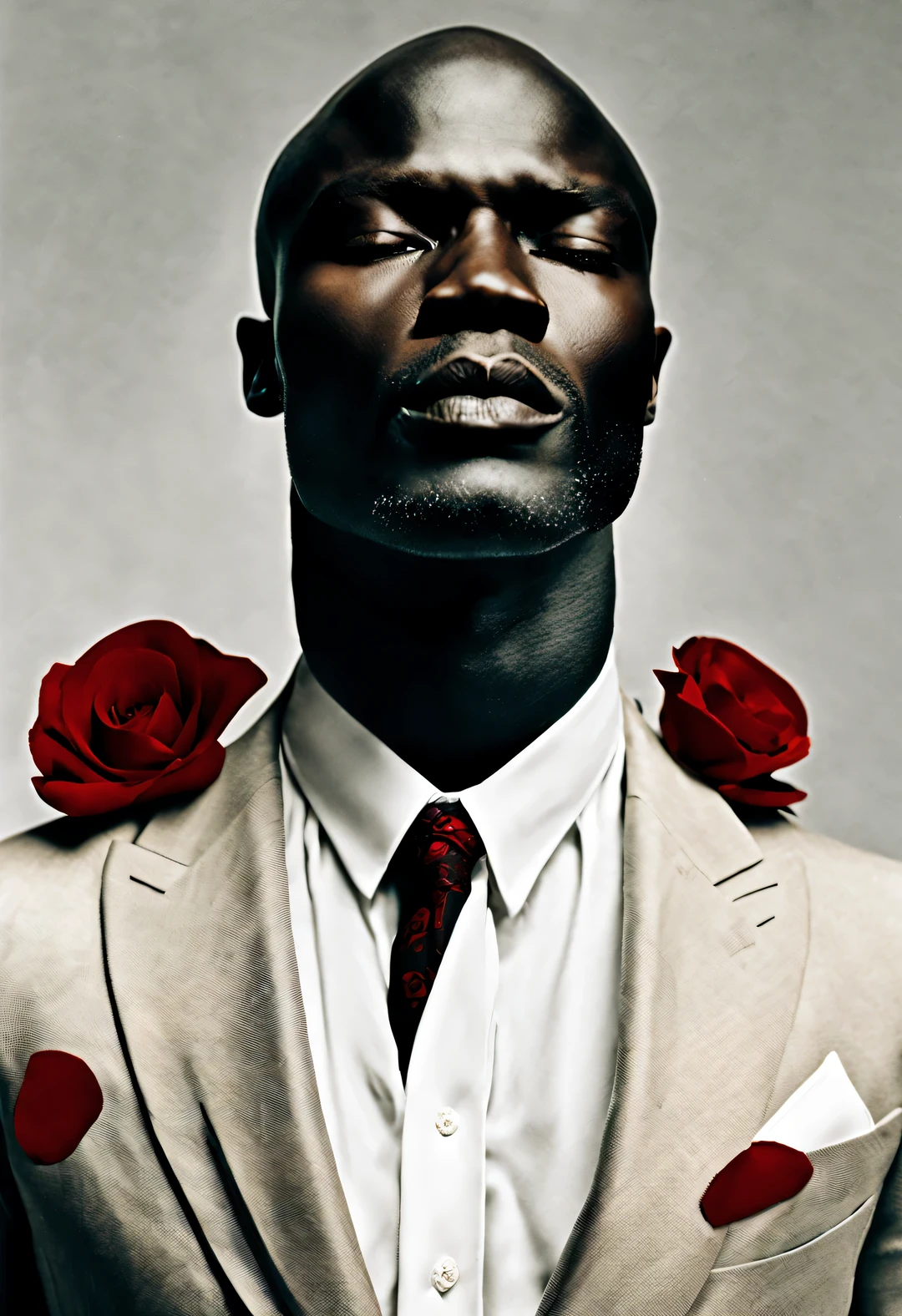 英国男歌手海尔·亨利·塞缪尔close up, above neck, Wearing a white shirt and tie suit,
A bright red lipstick outline and a red rose float on the screen Irving Penn Photography, close up, sad, pain, fatigue, nude minimalism, black and white, magnificent, Elasticity, Award-winning photography,