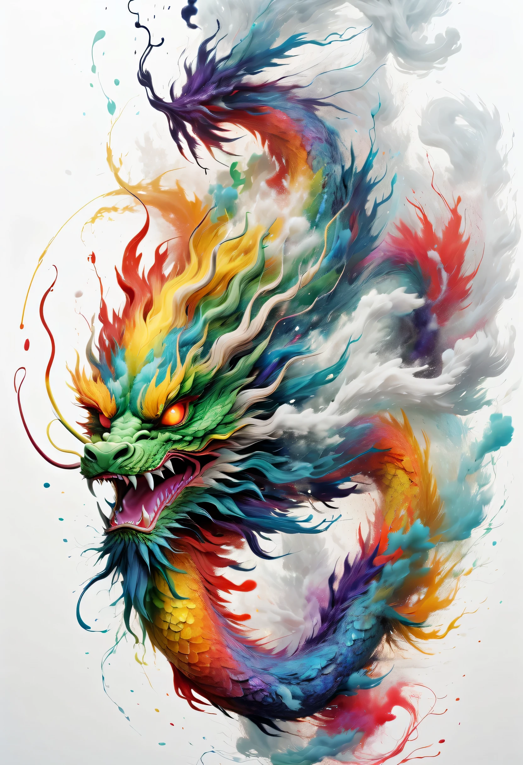 (best quality,4k,8k,highres,masterpiece:1.2),ultra-detailed,scribble art,ink splatter,wild and unrestrained,splash ink painting,chinese dragon,traditional,mythical creature,,colorful,Blurry dreams,Dynamic energy,release creation,visual impact,modern aesthetic,Elegant and simple,Contemporary interpretation,Be bold,White background,Lots of white space,