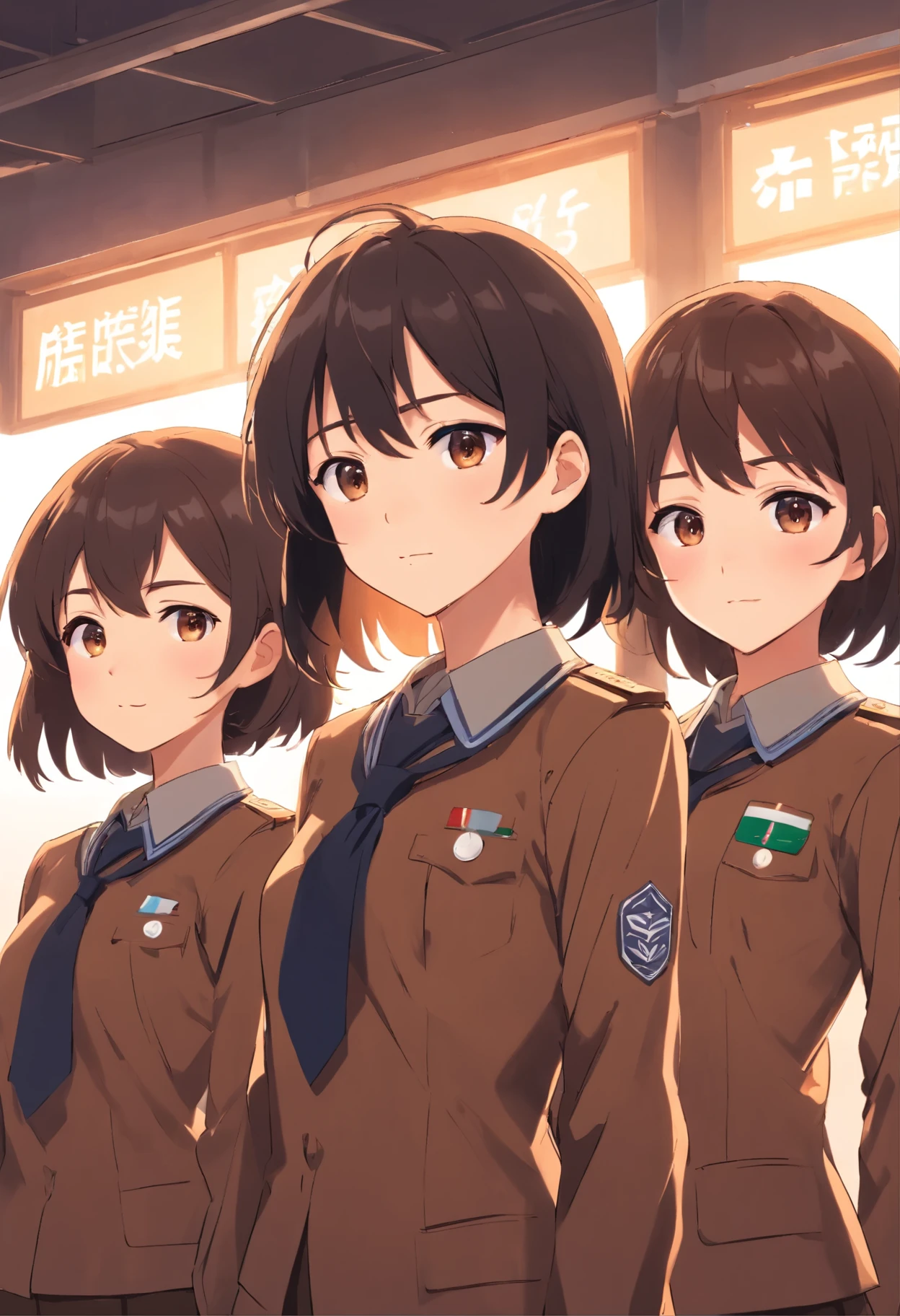 Trio, boy black hair brown uniforms, girl chocolate brown hair brown uniform, girl black hair brown uniforms