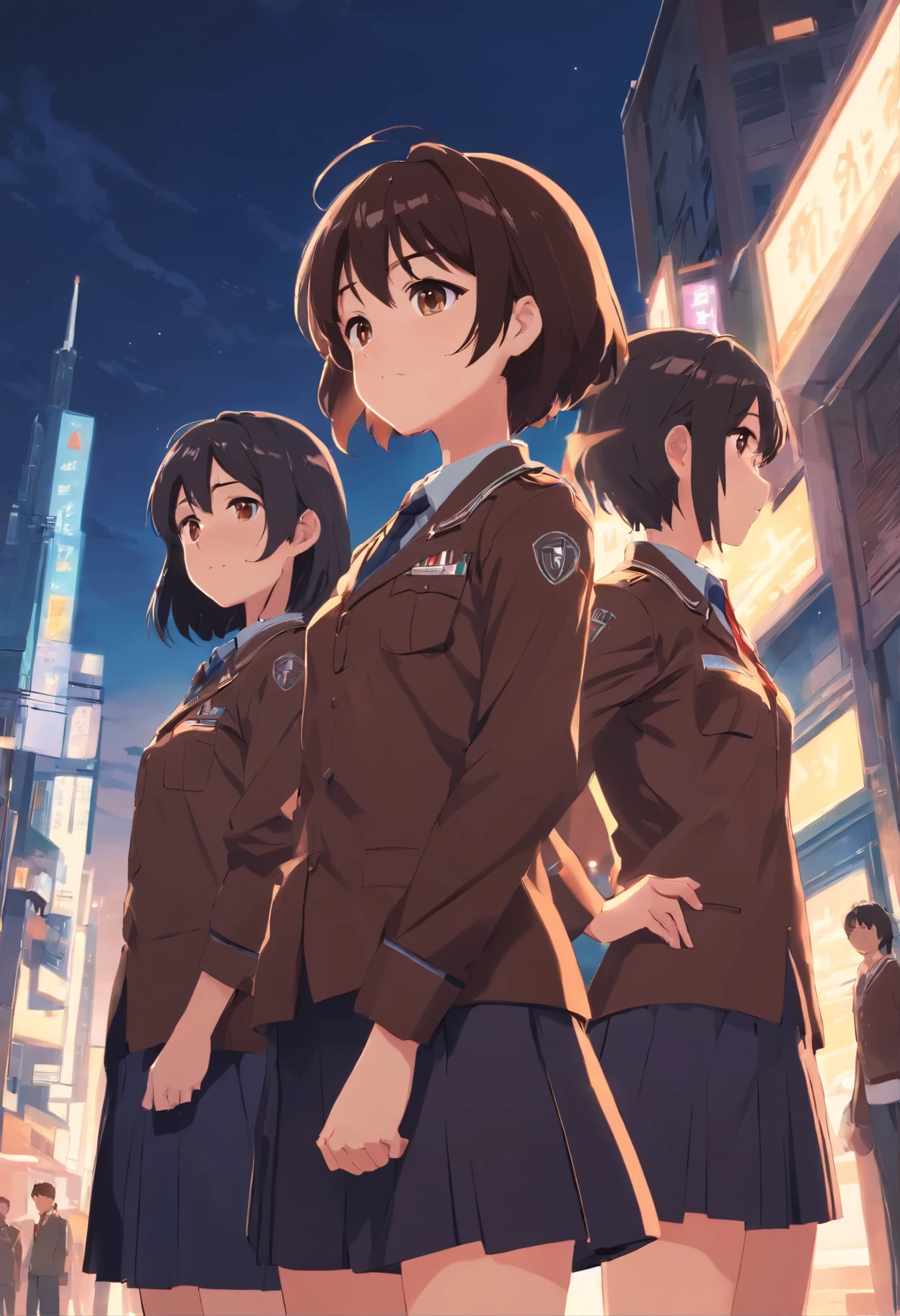 Trio, boy black hair brown uniforms, girl chocolate brown hair brown uniform, girl black hair brown uniforms