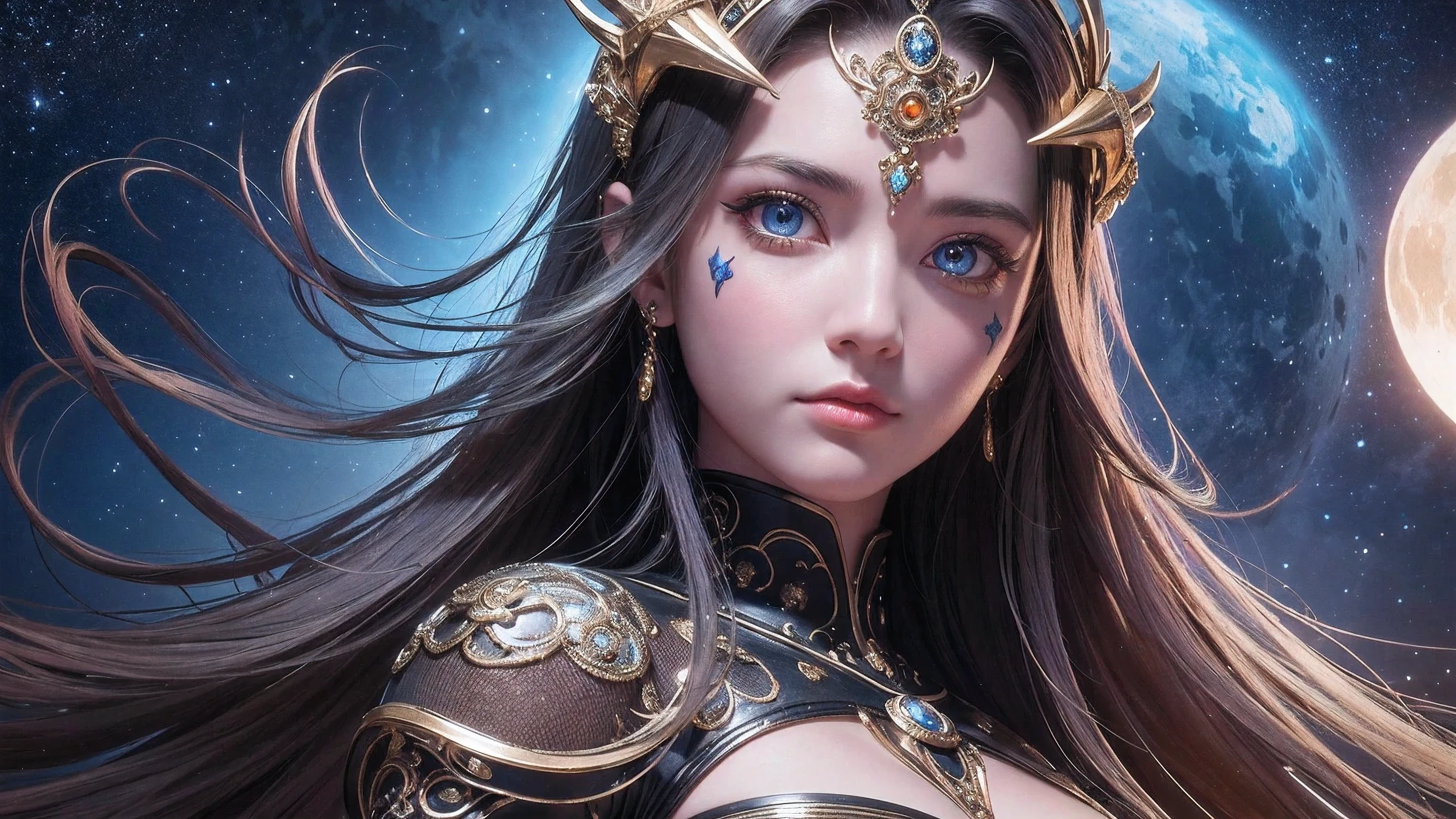 （best quality, ultra-detailed, Most Beautiful Illustration, Best shadow, masterpiece, A high resolution, professional artwork, famous artwork）, Detailed eyes, beautiful eyes, close-up cleavage, sci-fi, colored sclera, Robot eyes, face markings, Tattooed with, (fractalized, Fractal eyes), large eyes, Wide eyes, (Eye focus), s-face focus, Cosmic eyes, Space eyes,

Close-up of a metal sculpture of a goddess with a moon in her hair, goddess of the universe, Extremely high detail, 3D goddess portrait, Extremely detailed