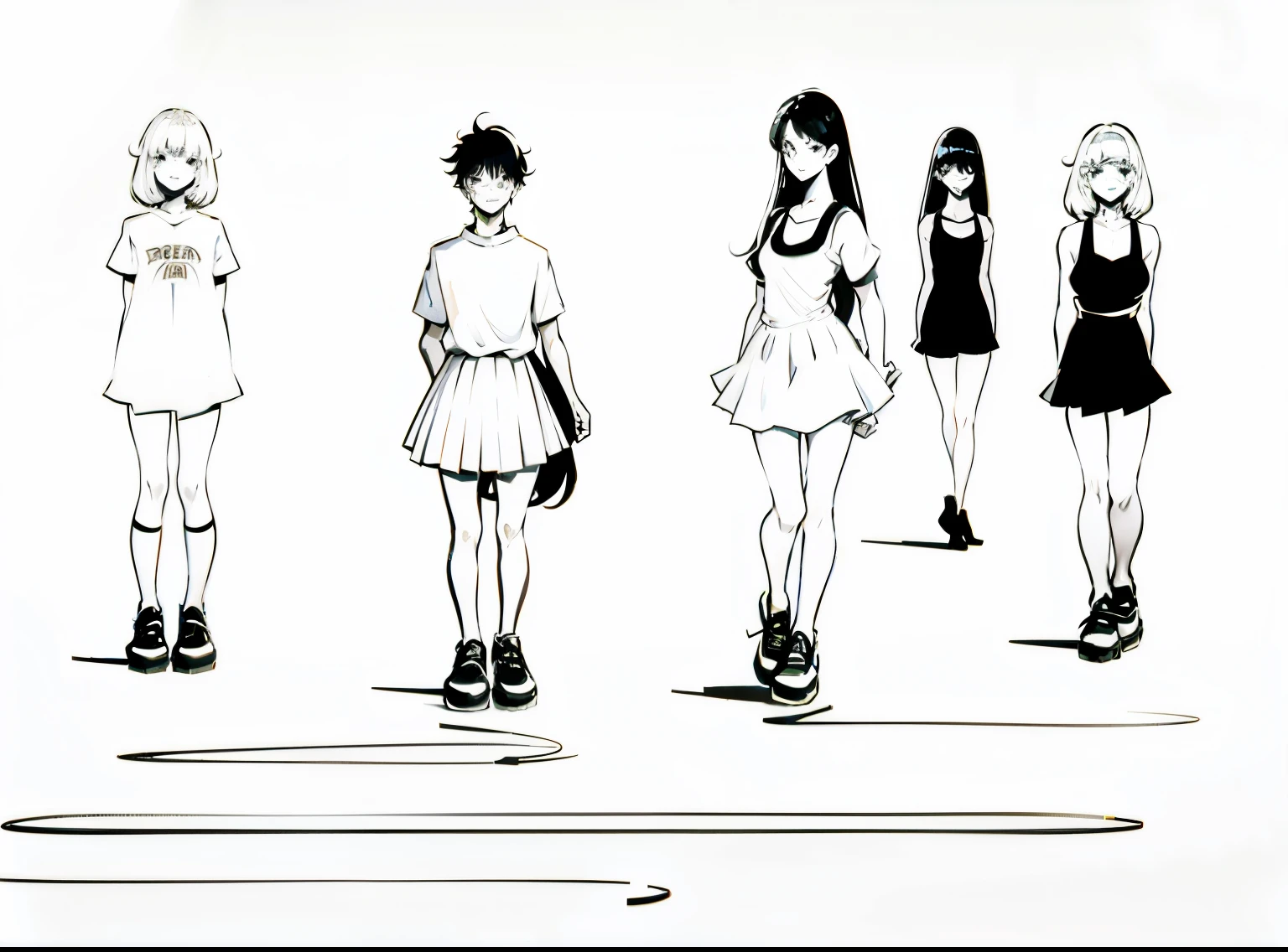 group photo, 7 agers, grey scale, monochrome, nostalgic, lineart,