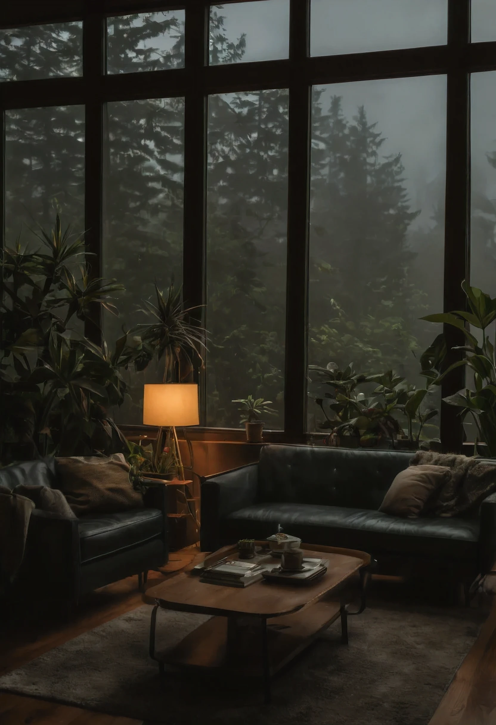 ((mid century modern living room)), dimly lit, (foggy rainy evening:1.2), pacific northwest, (dim lighting:1.4), (moody lighting:1.2), plants, large plants, many plants, (foggy windows:1.2), masterpiece, best quality, twilight hour, blue hour