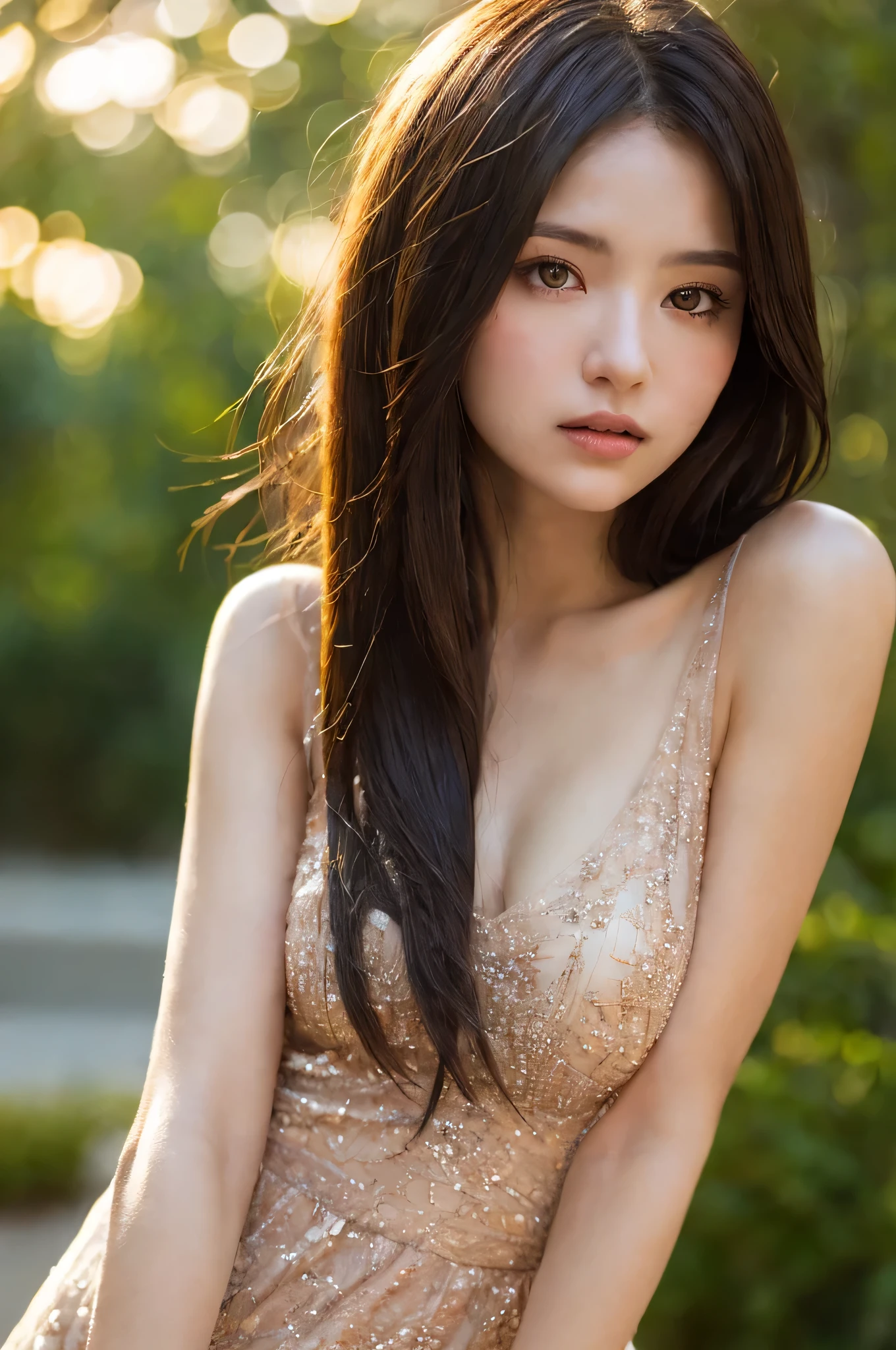 (best quality), (ultra-detailed), (llustration), (detailed light), (an extremely delicate and beautiful), 1ung girl, long hair, brown hair, brown eyes, model, Enchanting, Sublime, Ethereal, Sorrow, confusion, best quality, fantastic, extremely detailed CG unified 8k wallpaper, High-definition raw color photos, professional photograpy, (((Bokeh))), twilight, Golden hour, Backlighting, depth of fields,