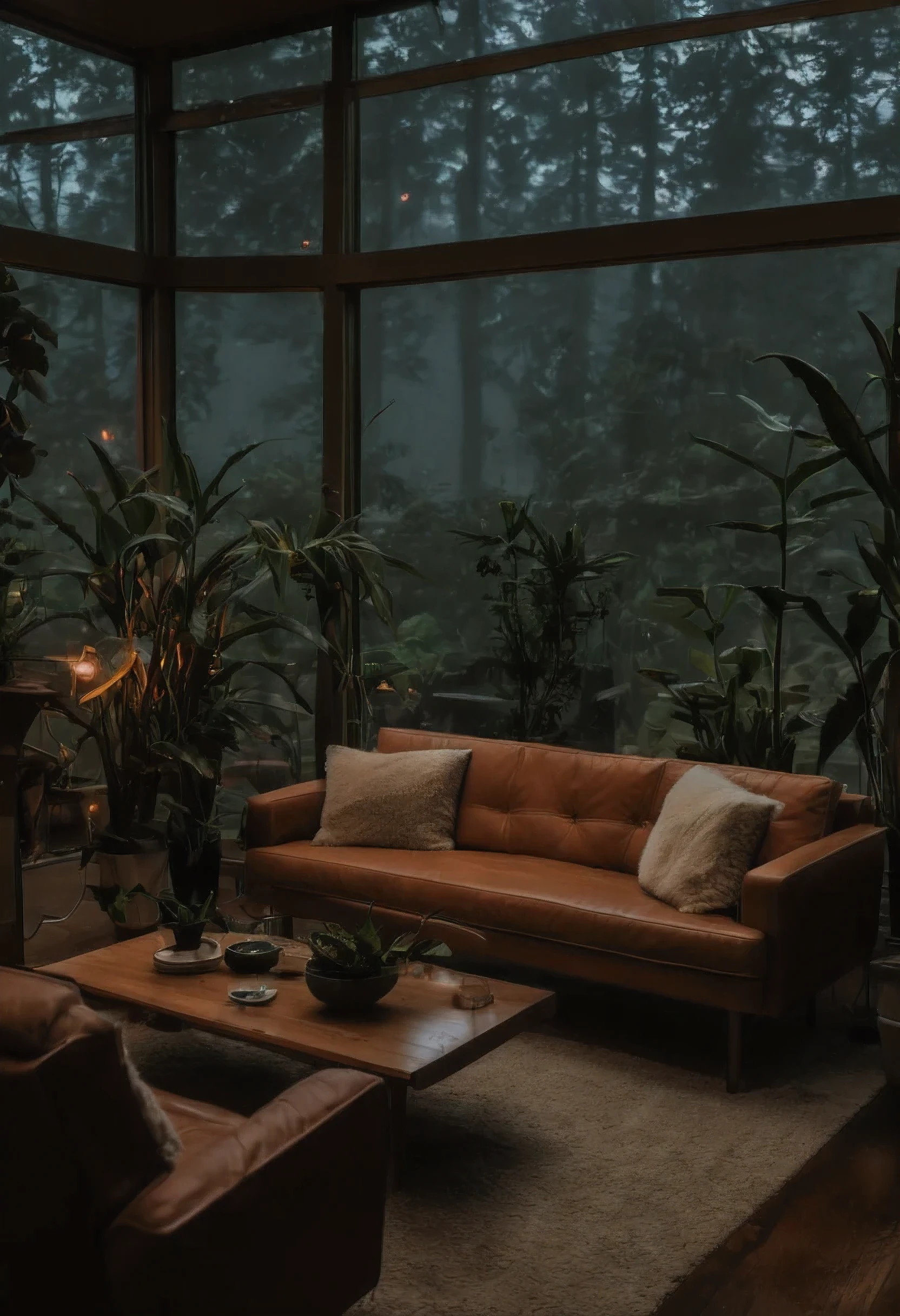 ((mid century modern living room)), dimly lit, (foggy rainy evening:1.2), pacific northwest, (dim lighting:1.4), (moody lighting:1.2), plants, large plants, many plants, (foggy windows:1.2), masterpiece, best quality, twilight hour, blue hour