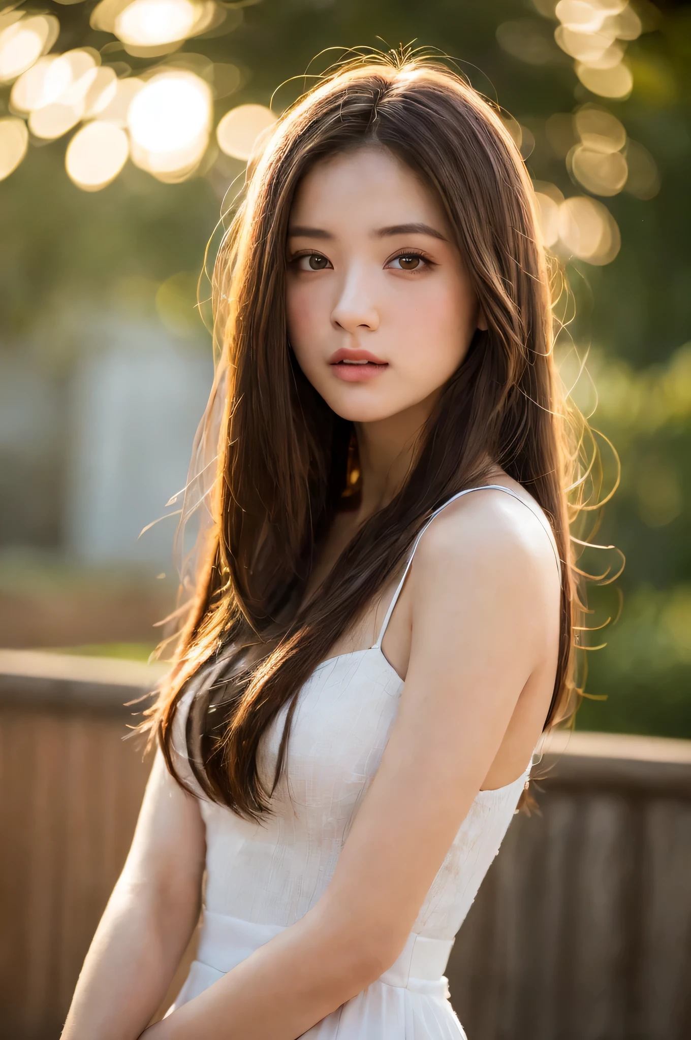 (best quality), (ultra-detailed), (llustration), (detailed light), (an extremely delicate and beautiful), 1young girl, long hair, brown hair, brown eyes, model, Enchanting, Sublime, Ethereal, Sorrow, confusion, best quality, fantastic, extremely detailed CG unified 8k wallpaper, High-definition raw color photos, professional photograpy, (((Bokeh))), twilight, Golden hour, Backlighting, depth of fields,