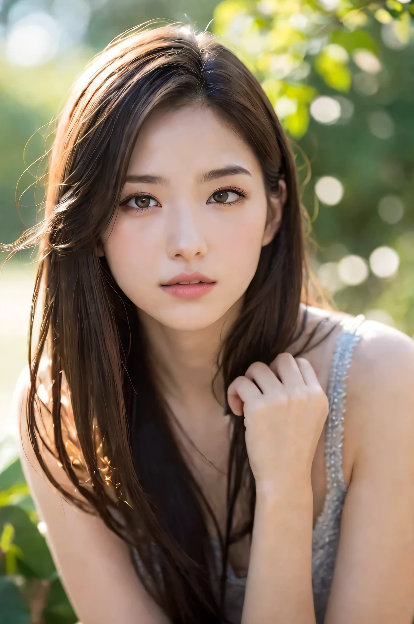 (best quality), (ultra-detailed), (llustration), (detailed light), (an extremely delicate and beautiful), 1ung girl, long hair, brown hair, brown eyes, model, Enchanting, Sublime, Ethereal, Sorrow, confusion, best quality, fantastic, extremely detailed CG unified 8k wallpaper, High-definition raw color photos, professional photograpy, (((Bokeh))), twilight, Golden hour, Backlighting, depth of fields,