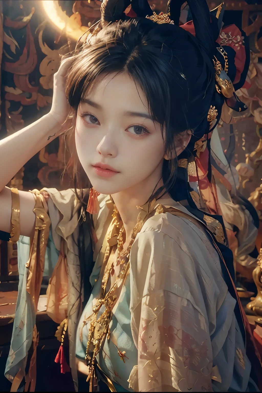 (RAW photo, highest quality), (realistic, photo-realistic:1.3),highest quality,very detailed,masterpiece,super detailed,figure,1 girl,upper_body,dynamic angle,world masterpiece theater,Messy_length_hair,highest quality,very detailed CG Unity 8k 壁紙,ink,wonderful,cinematic lighting,lens_flare, Dunhuang_style,naked