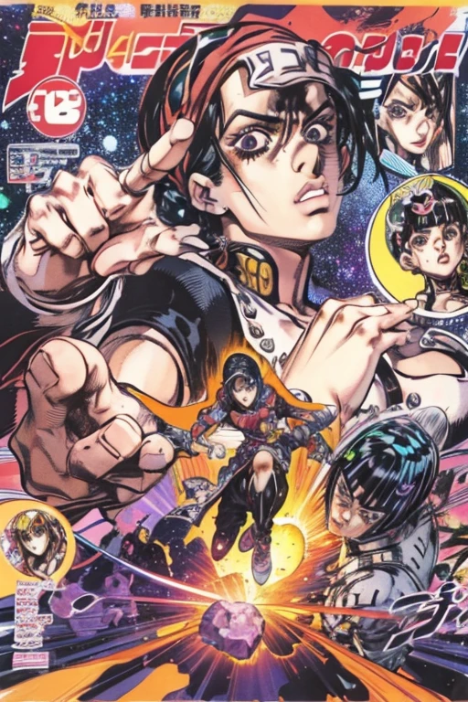 (manga magazine cover:Weekly Shonen Jump), pen drawing style, Strong pen hatching, HD 8K, rich plot, complex background, Rich details of characters, 「Jojos bizarre adventure」image of, high level perspective, Streets of Egypt, Pyramids, sphinx, rich atmosphere, strong summer sunlight, vivid galaxy, Jotaro, pointing finger at the viewer, perfect five fingers, powerful guardian spirit, Strong three-dimensional effect, vivid character expression, bright letter shapes, Perfect scene details, And the overall style is strong and vibrant.