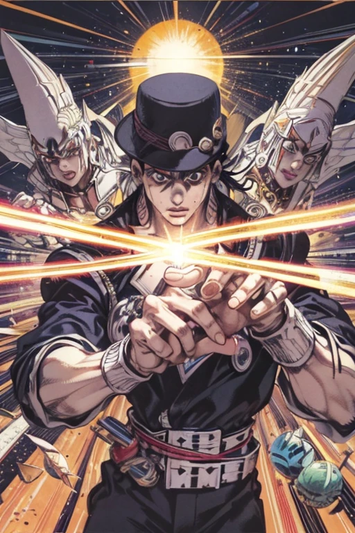 (manga magazine cover:Weekly Shonen Jump), pen drawing style, Strong pen hatching, HD 8K, rich plot, complex background, Rich details of characters, 「Jojos bizarre adventure」image of, high level perspective, Streets of Egypt, Pyramids, sphinx, rich atmosphere, strong summer sunlight, vivid galaxy, Jotaro, pointing finger at the viewer, perfect five fingers, powerful guardian spirit, Strong three-dimensional effect, vivid character expression, bright letter shapes, Perfect scene details, And the overall style is strong and vibrant.